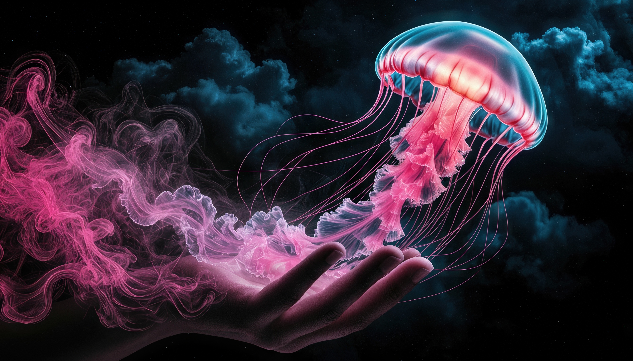 Бесплатное фото Рука держит полупрозрачную медузу с розовыми и голубыми оттенками на темном фоне с элементами облаков или дыма.