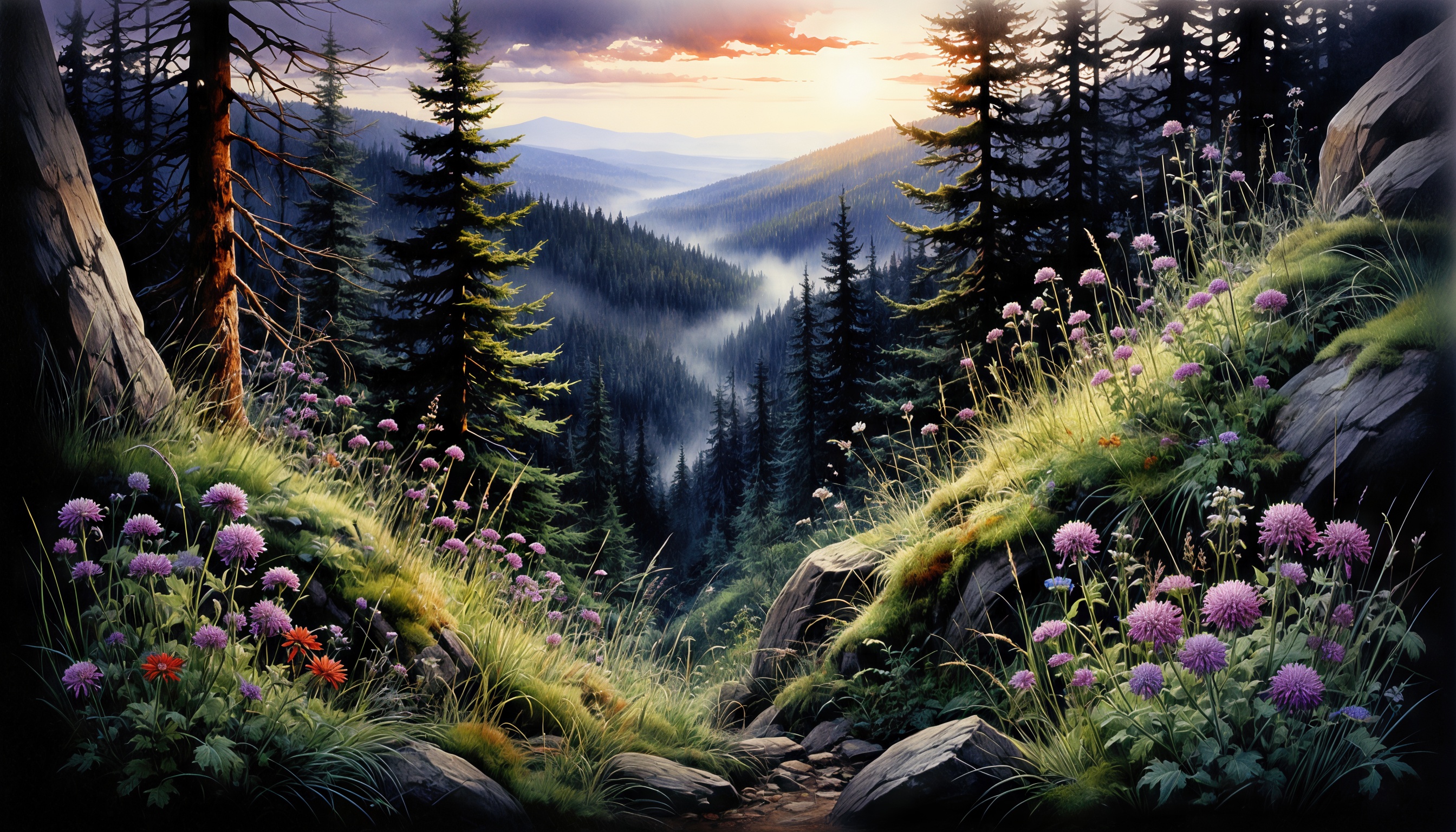 Бесплатное фото Туманная долина в объятиях хвойного леса на закате.