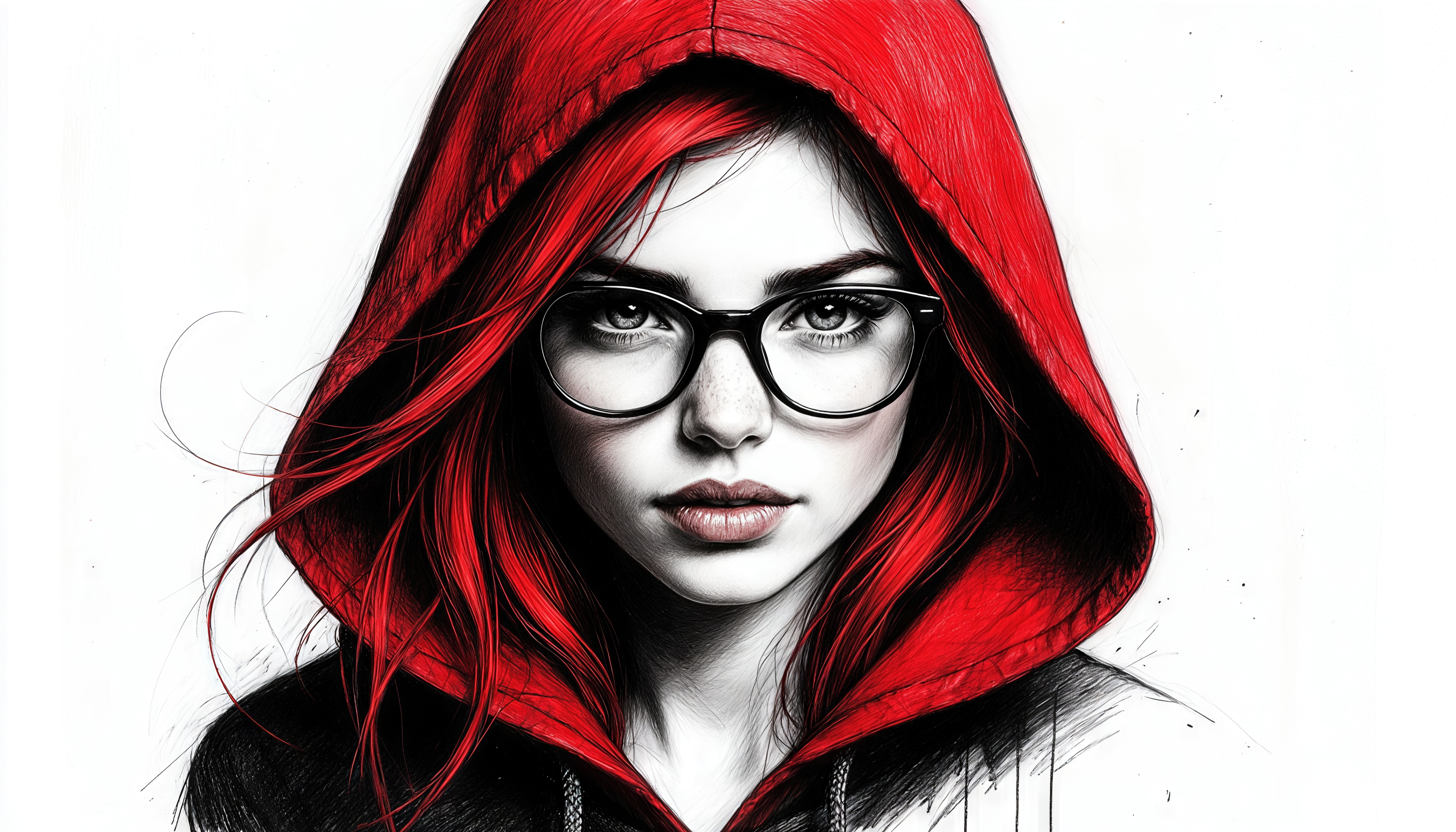Free photo An expressive portrait of a girl with glasses is made with thin pencil strokes on a clean white canvas.