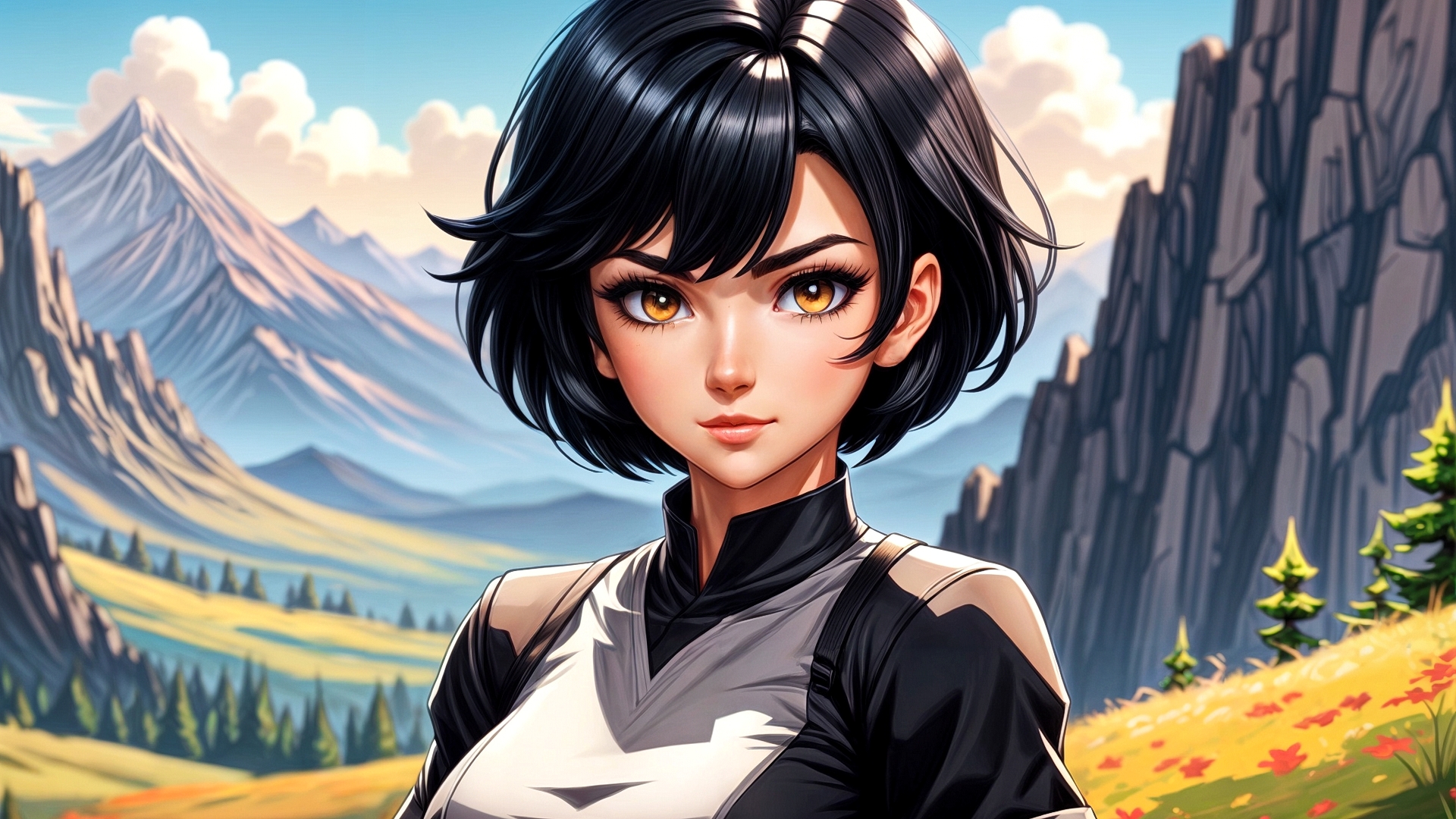 Бесплатное фото Портрет черноволосой девушки на фоне гор