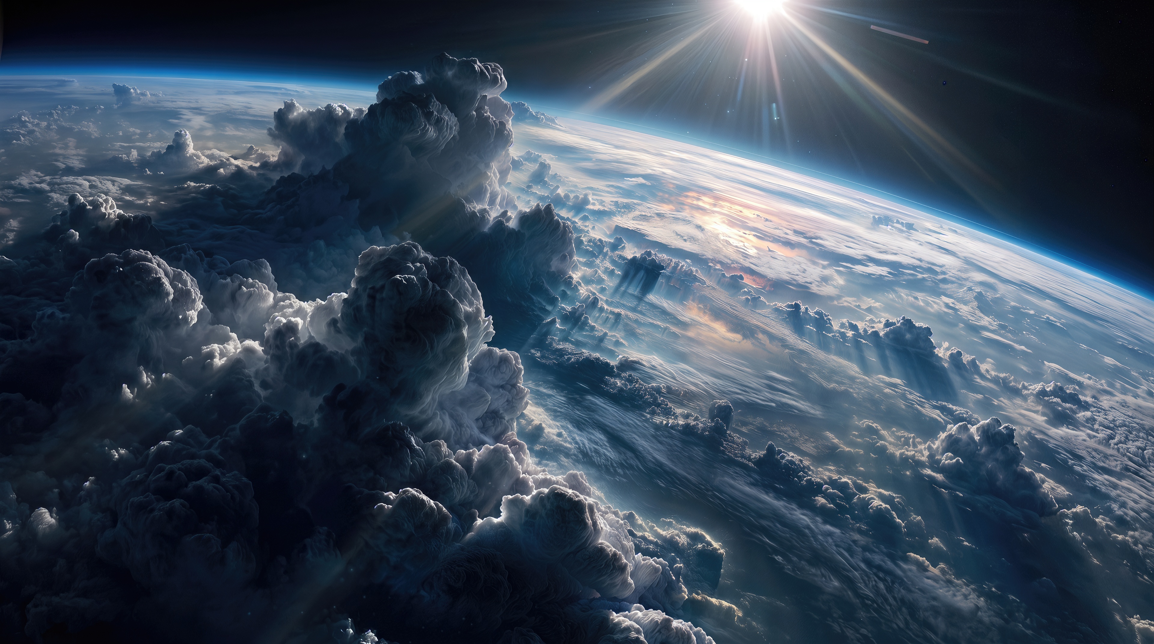 Free photo Stunning view of planet Earth from space with massive cumulus clouds under the bright rays of the sun.