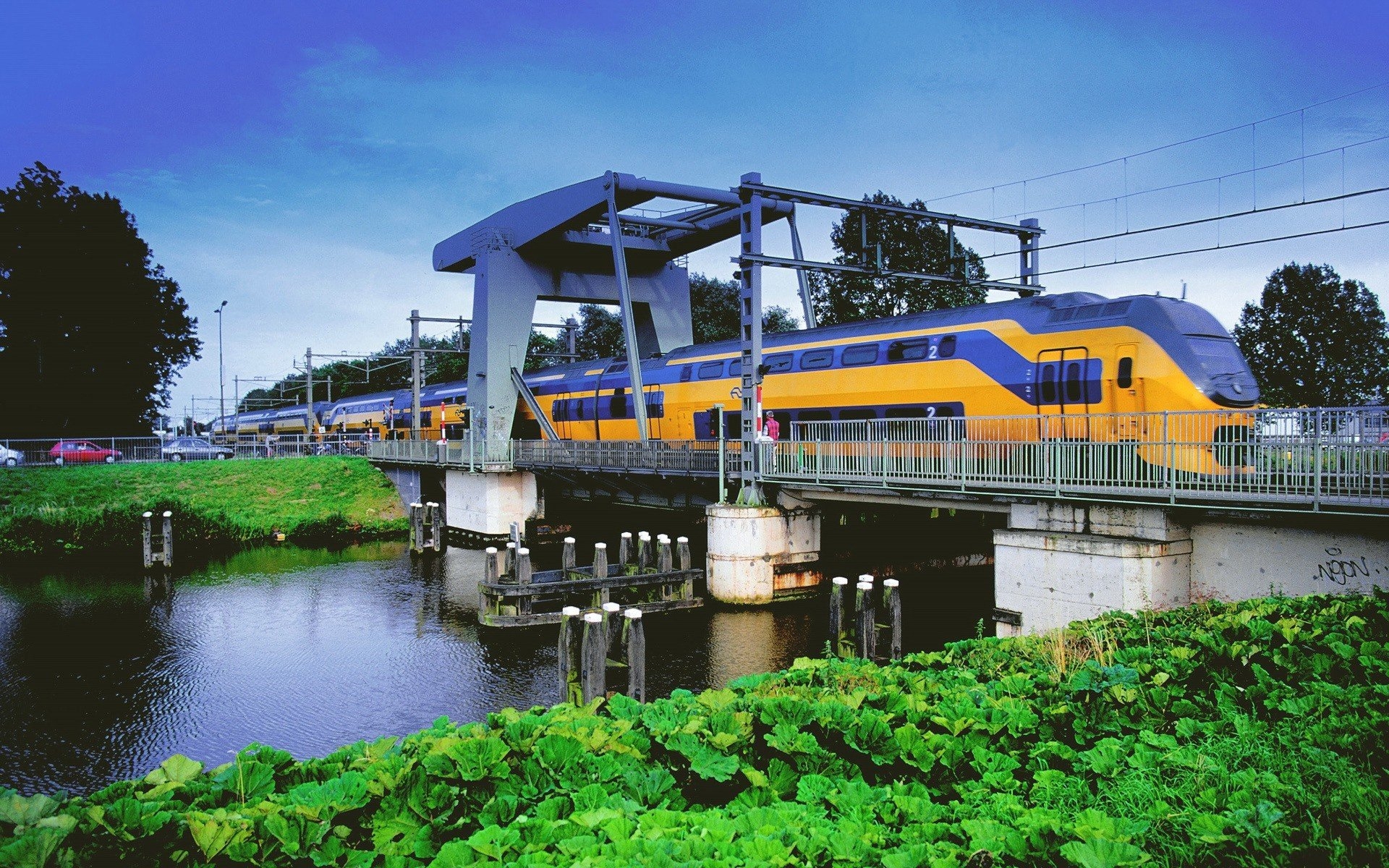 Free photo A train crossing the bridge over the river