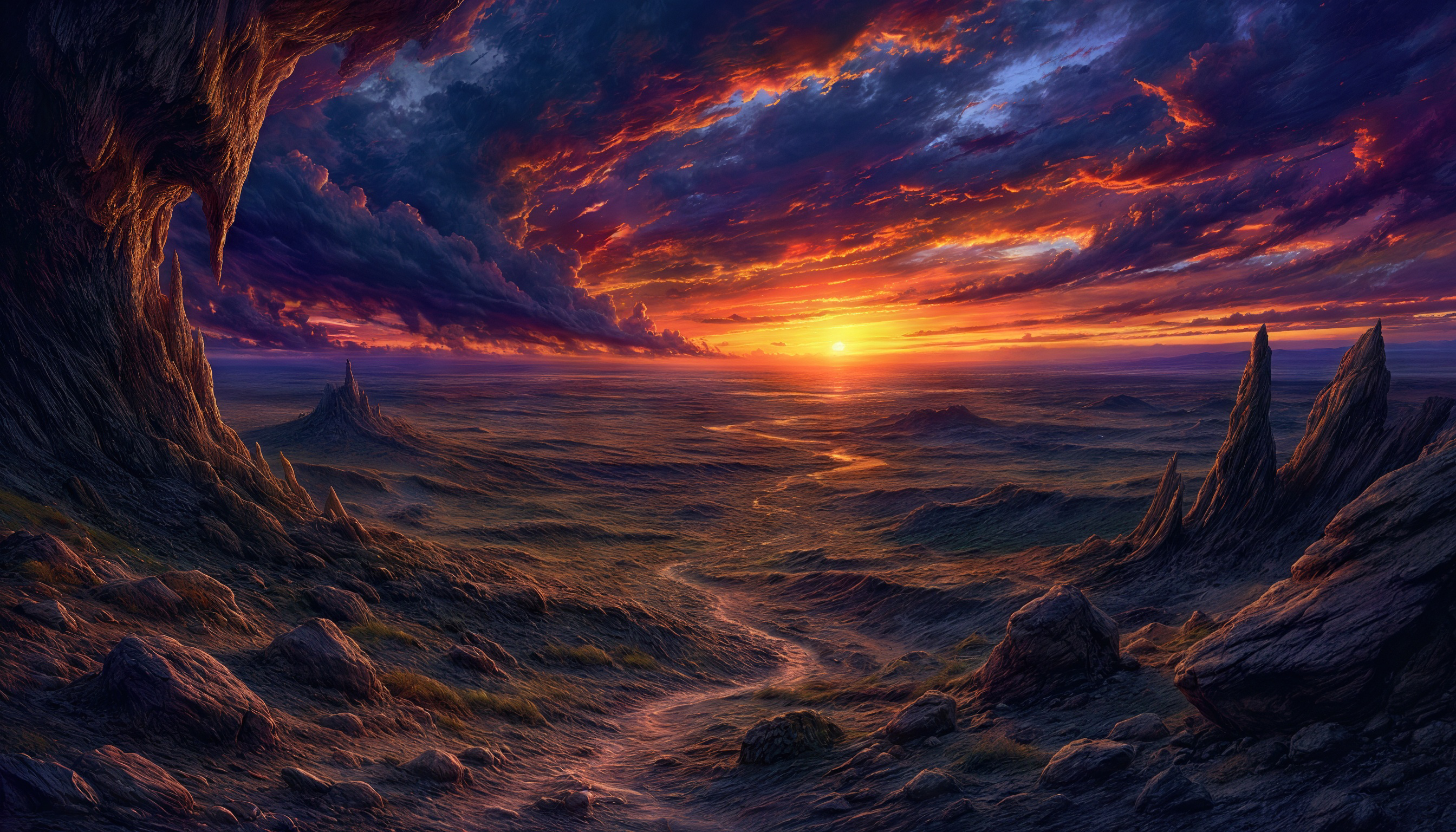 Фантазийный закат над скалистым ландшафтом.