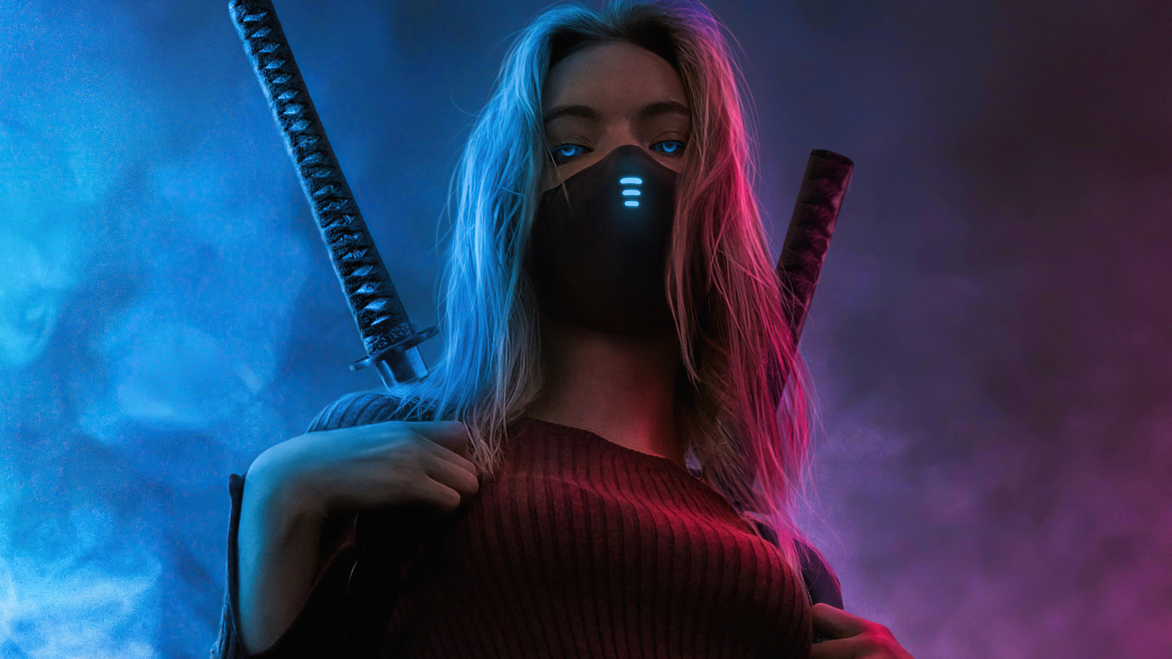A rendering of a girl with two katanas behind her back