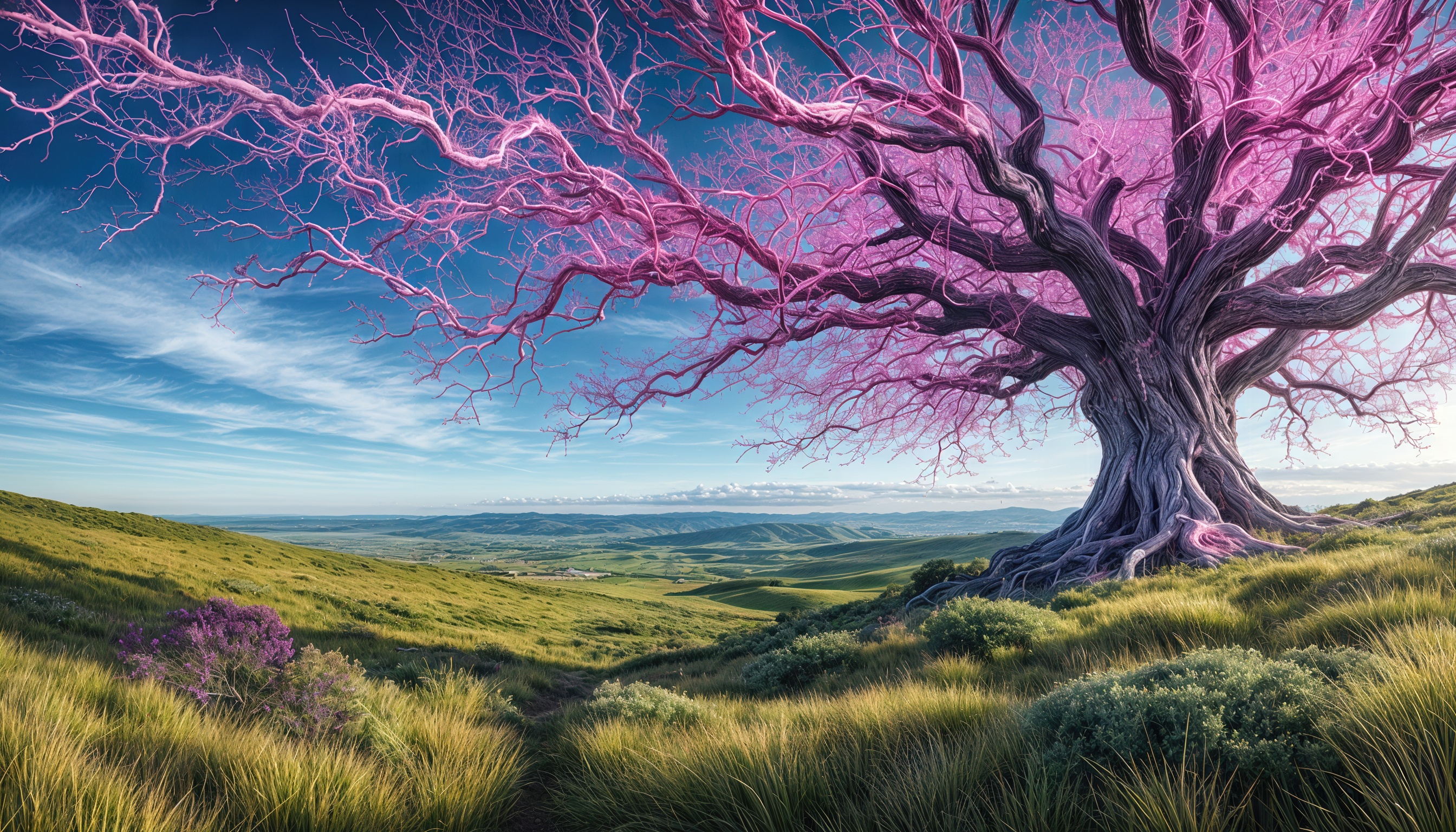 Бесплатное фото Заражённое хаосом дерево с розовыми ветвями на фоне холмов.