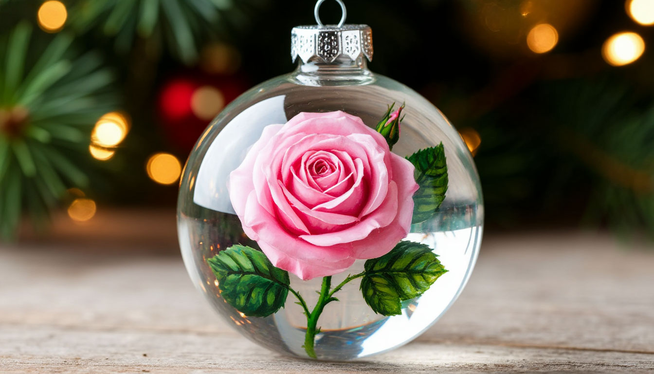 Бесплатная открытка Новогодний шарик с розой.