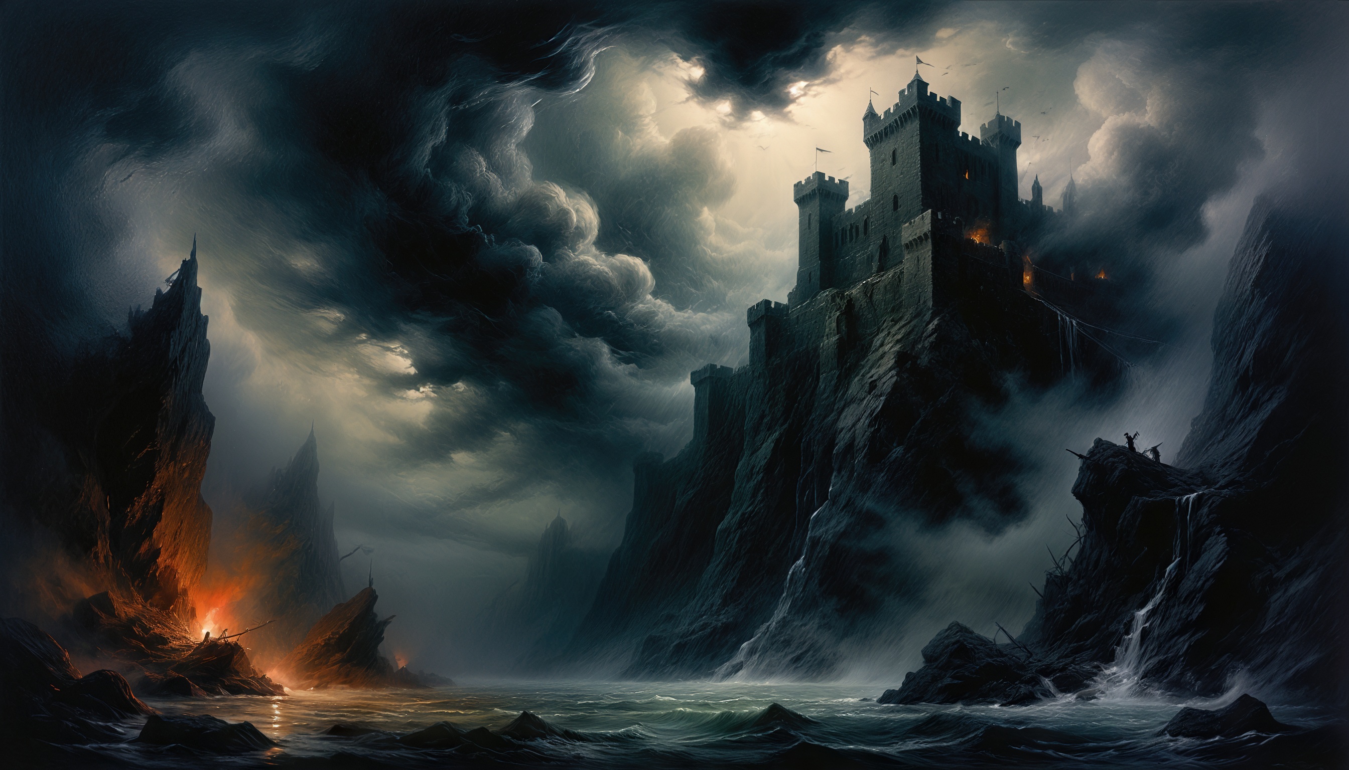 免费照片暴风雨云层下的峭壁城堡，矗立于汹涌海浪旁。