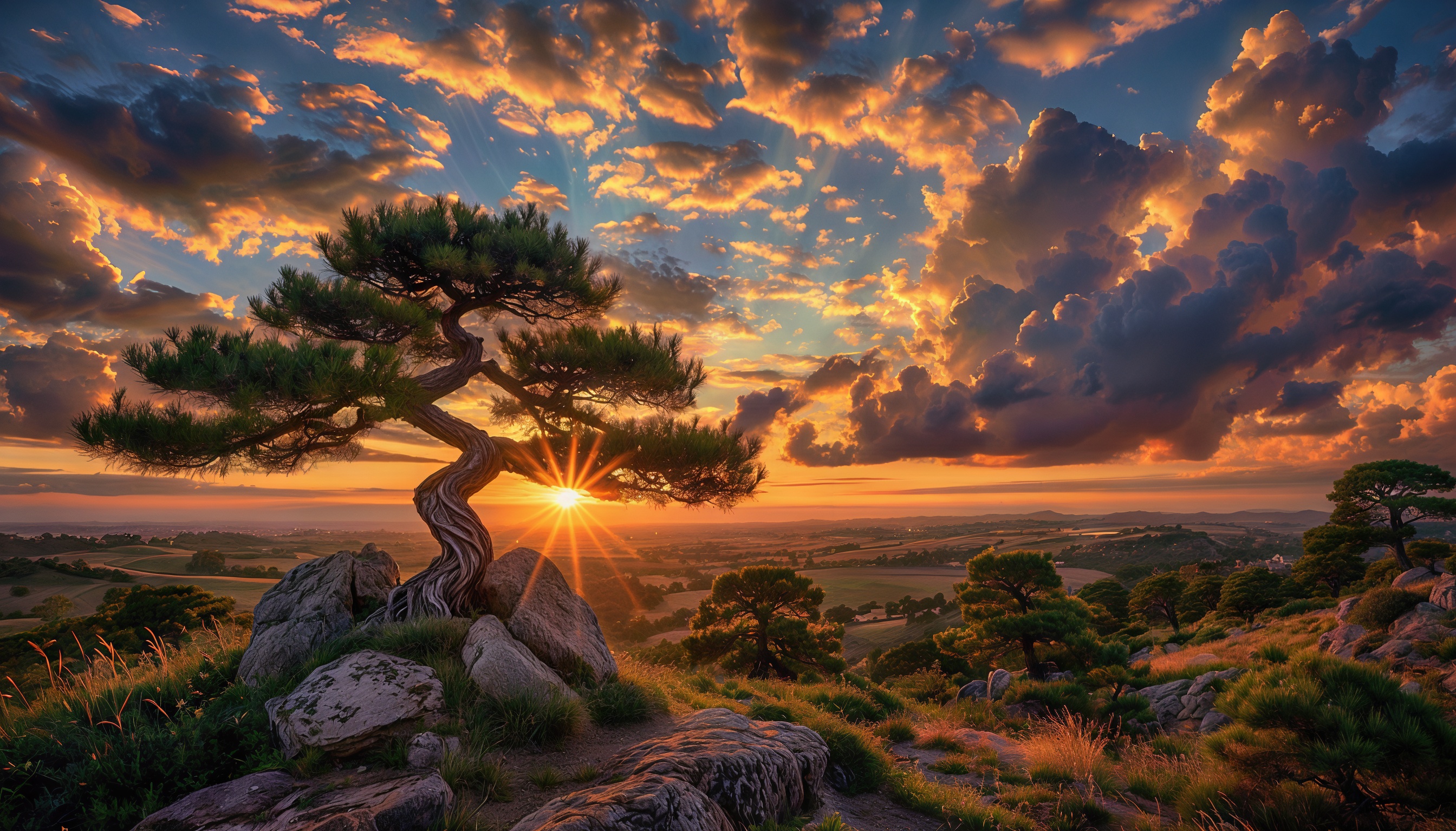 Бесплатное фото Живописный пейзаж с деревом на фоне заката, создающий атмосферу спокойствия и умиротворения.