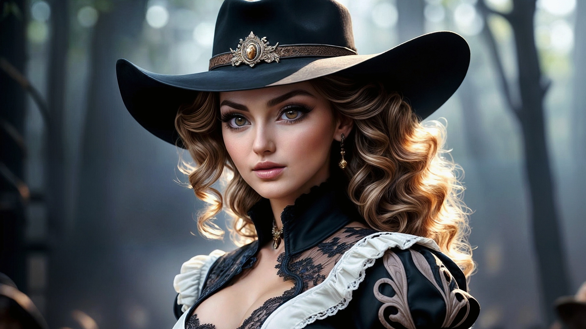 Free photo Portrait of a girl in a hat and dress against a forest background