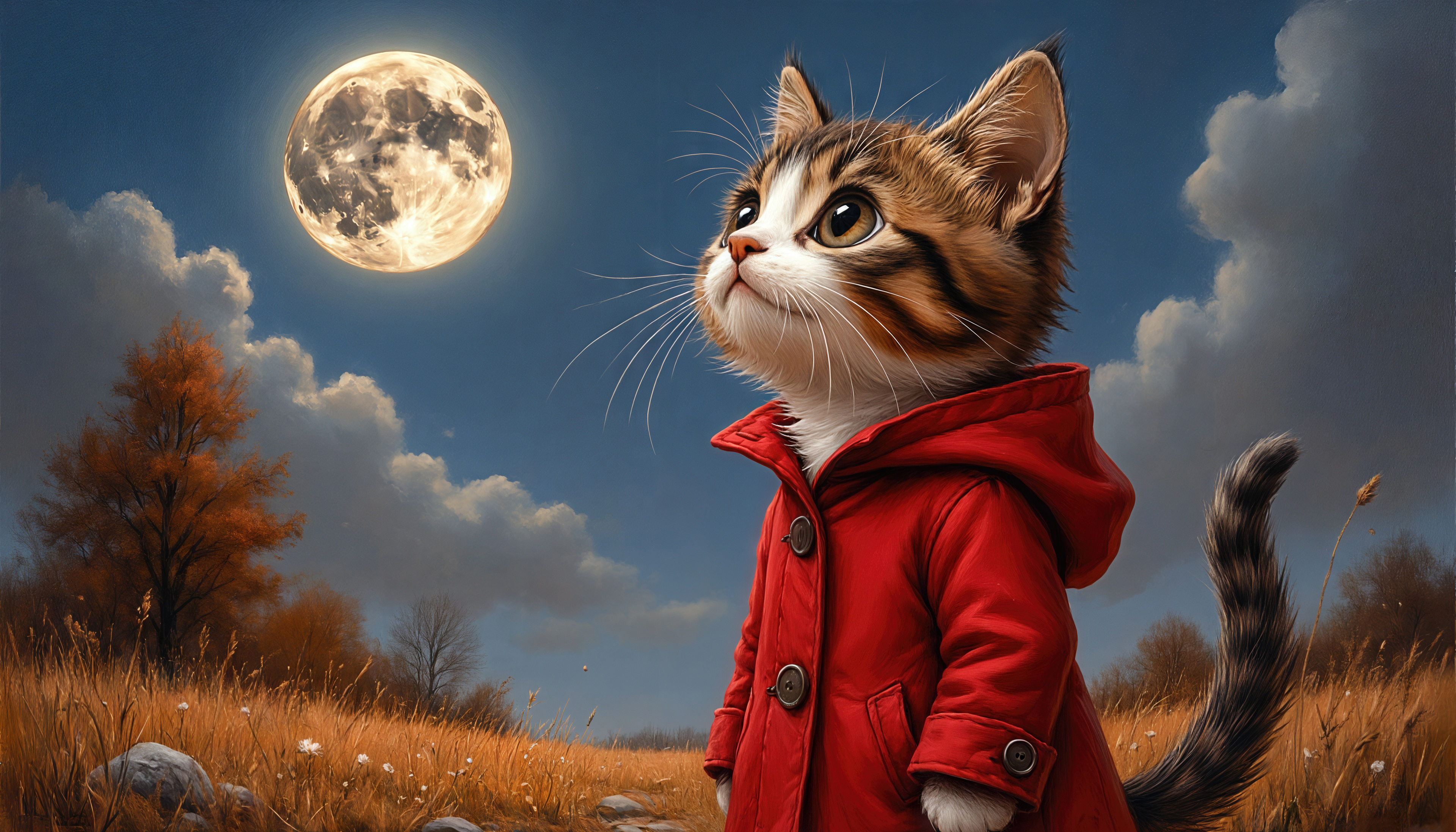 Бесплатное фото Полная луна очаровала котёнка в осенней степи.