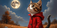 The full moon enchanted a kitten in the autumn steppe.