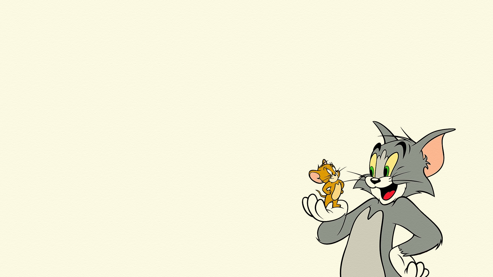 免费照片Tom the cat from Tom and Jerry微笑着将老鼠Jerry抱在手掌中，背景是中性的。
