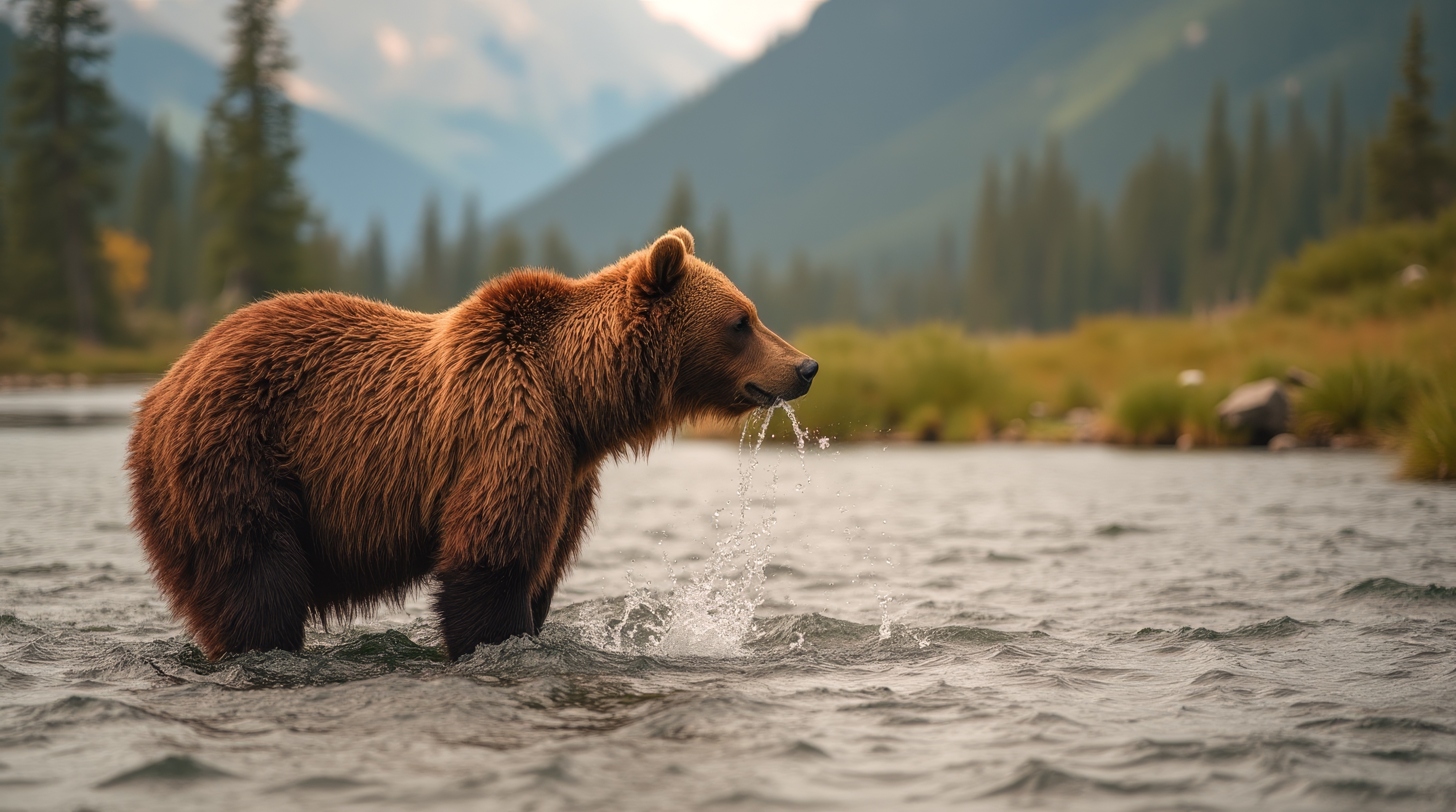 Большой бурый медведь идет по воде.