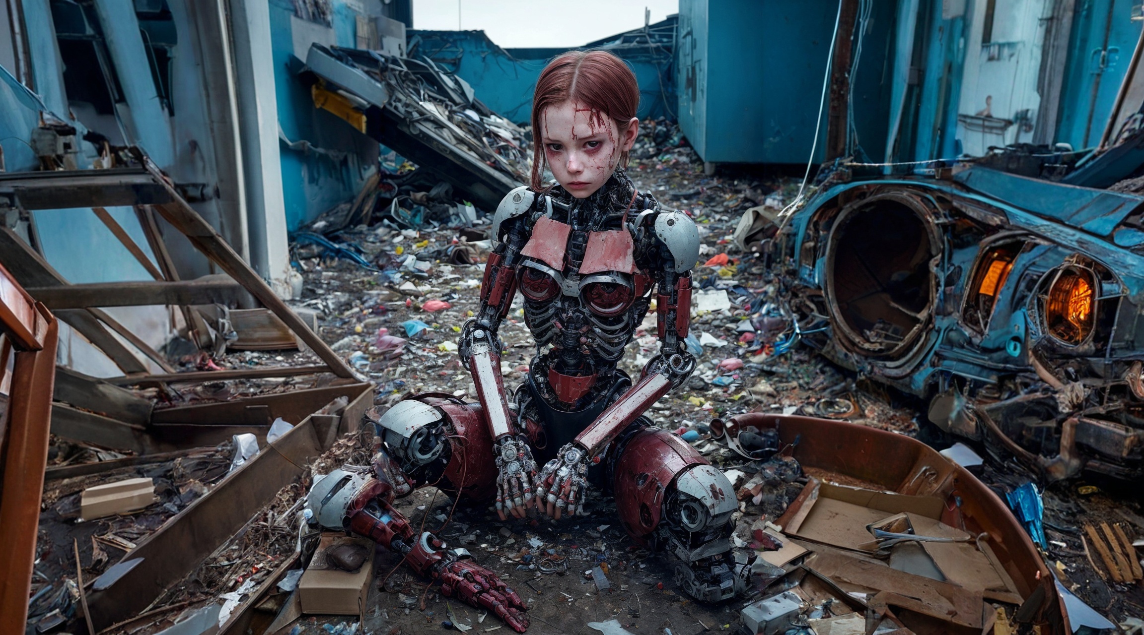 垃圾场里一个残缺不全的半机械女孩。
