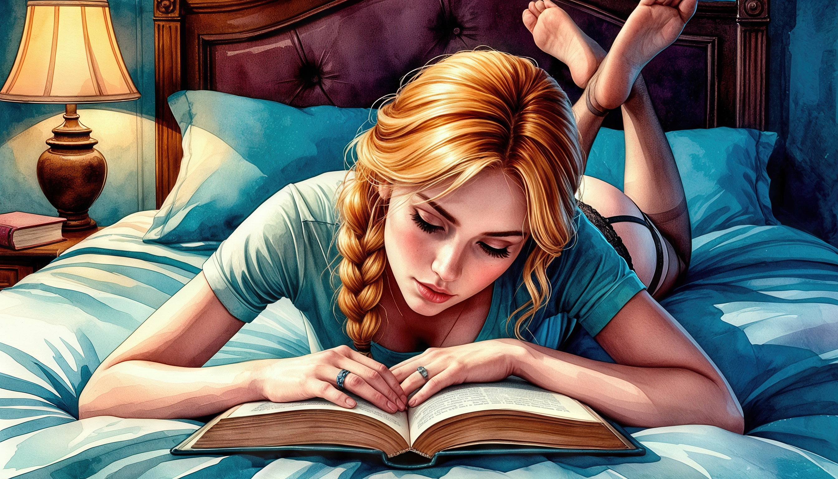 Иллюстрация девушки, читающей книгу в постели.