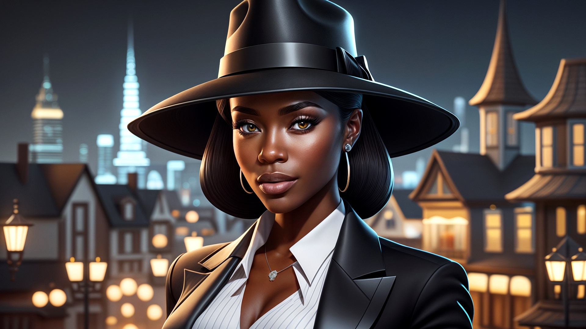 Portrait of a black girl in a hat against the background of a night city in lights