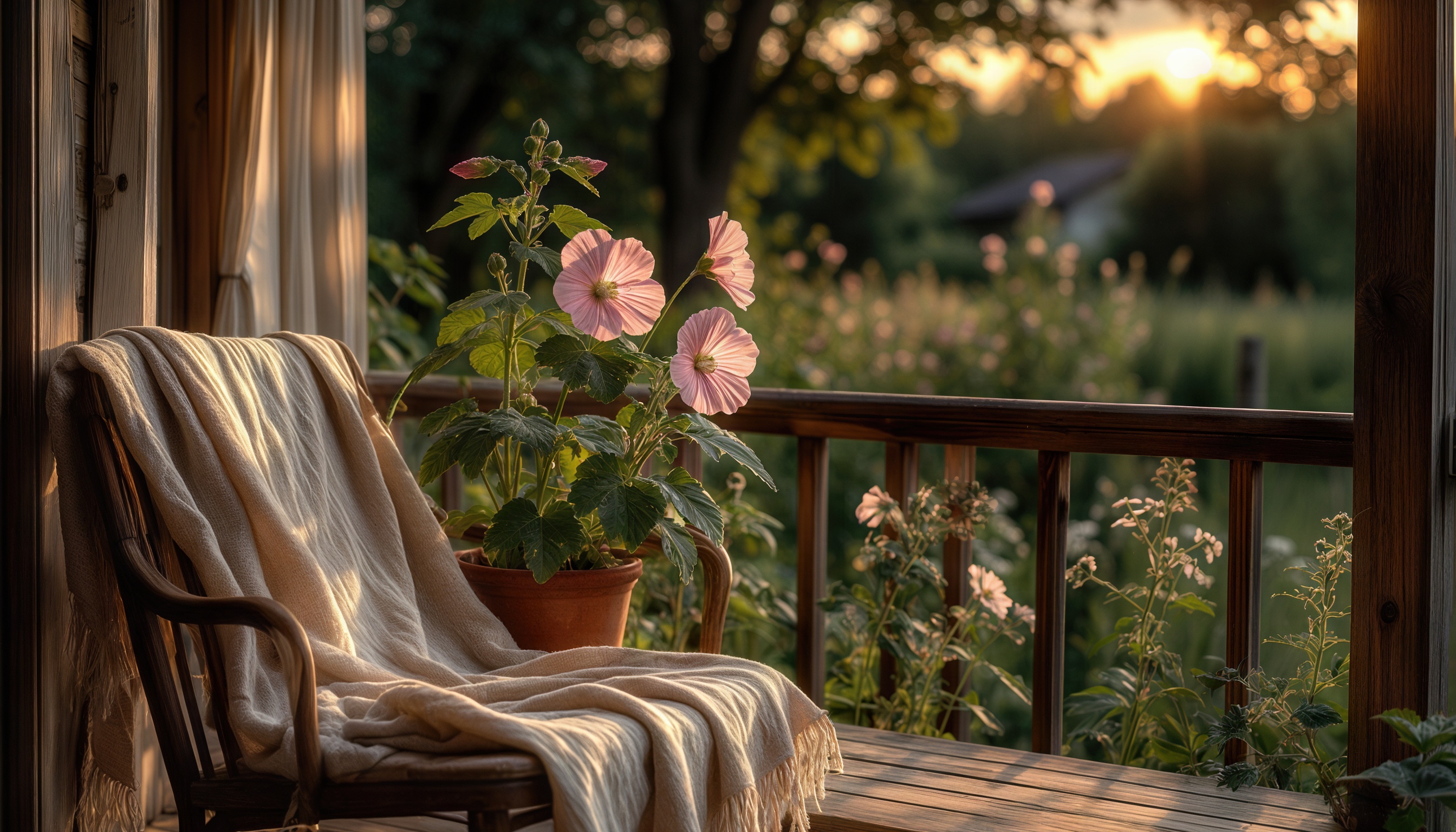 Бесплатное фото Уютный уголок на веранде с креслом, пледом и цветущими растениями на фоне заката и сада.