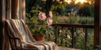 Уютный уголок на веранде с креслом, пледом и цветущими растениями на фоне заката и сада.