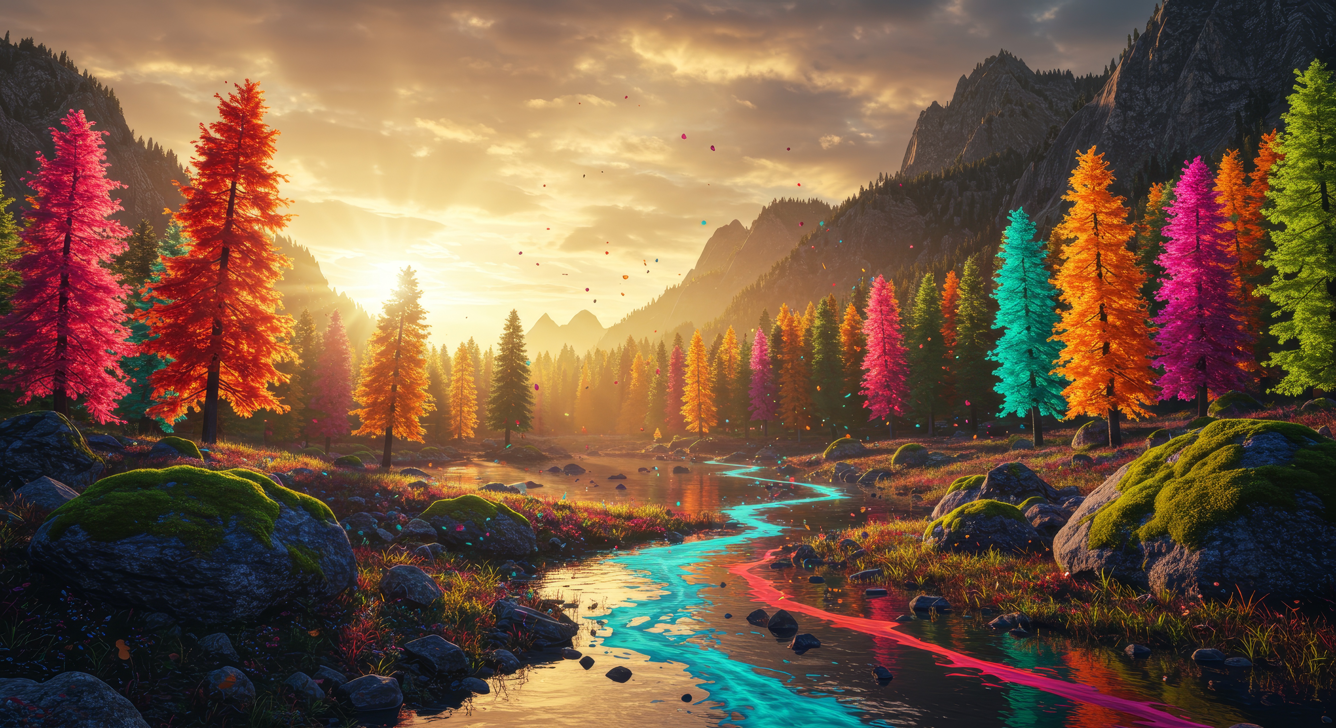 Бесплатное фото Картина с изображением пейзажа с яркими деревьями, ручьем и птицами