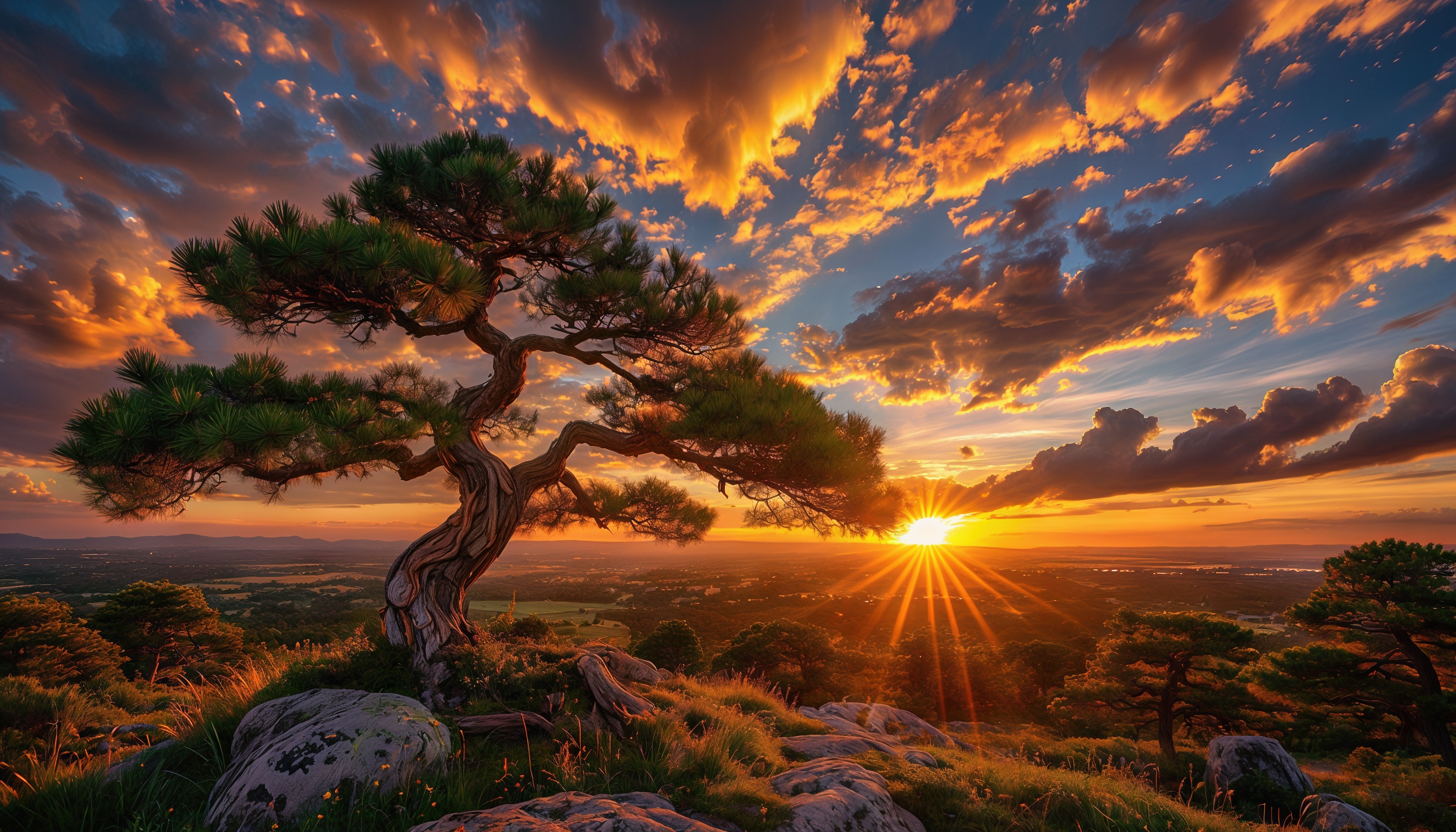 Бесплатное фото Закат на Кавказе с видом на горы, холмы и равнины, где солнце пробивается сквозь облака, освещая изогнутый ствол дерева.