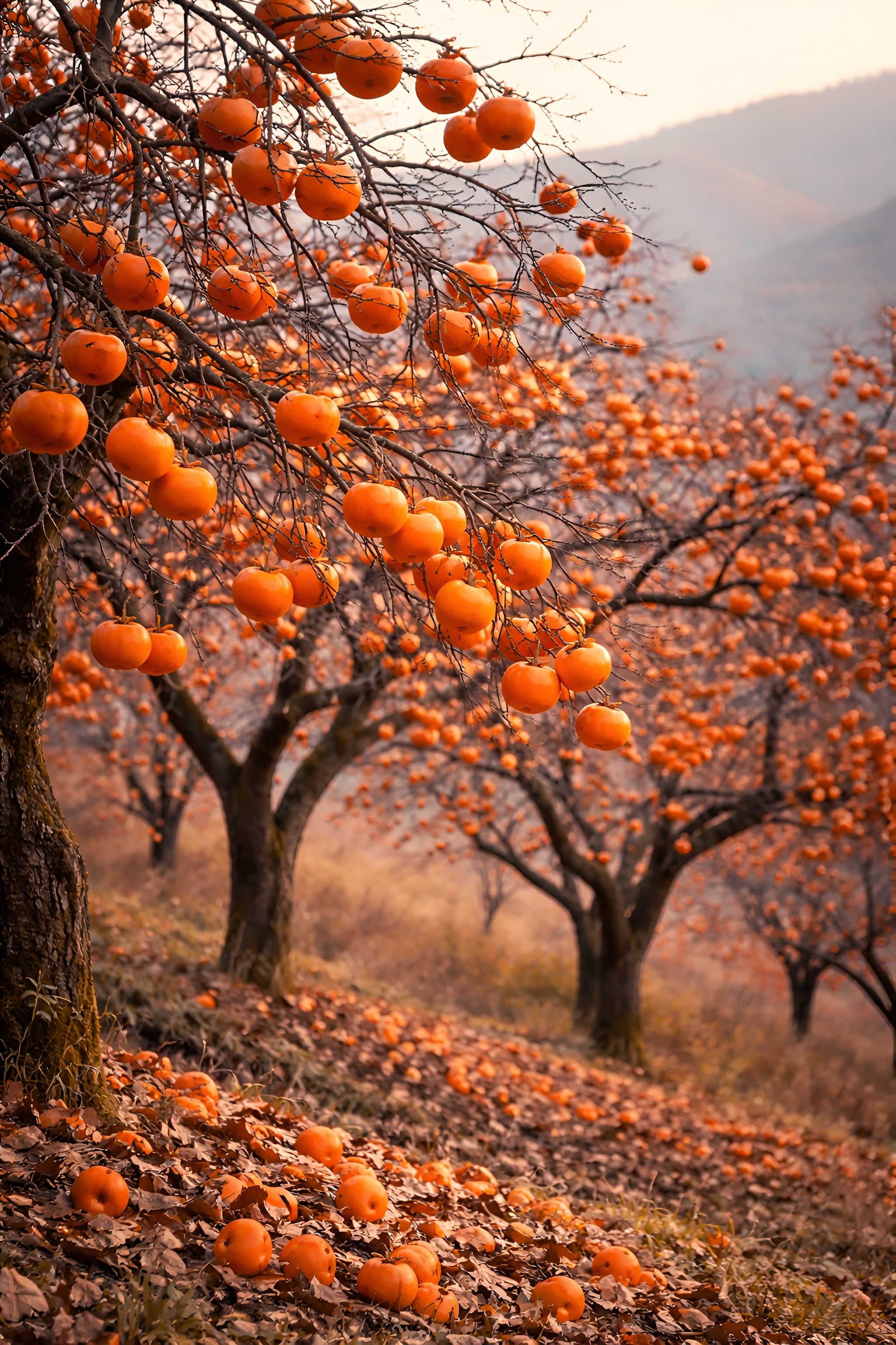 Free photo A phenomenal harvest of persimmons in the autumn garden
