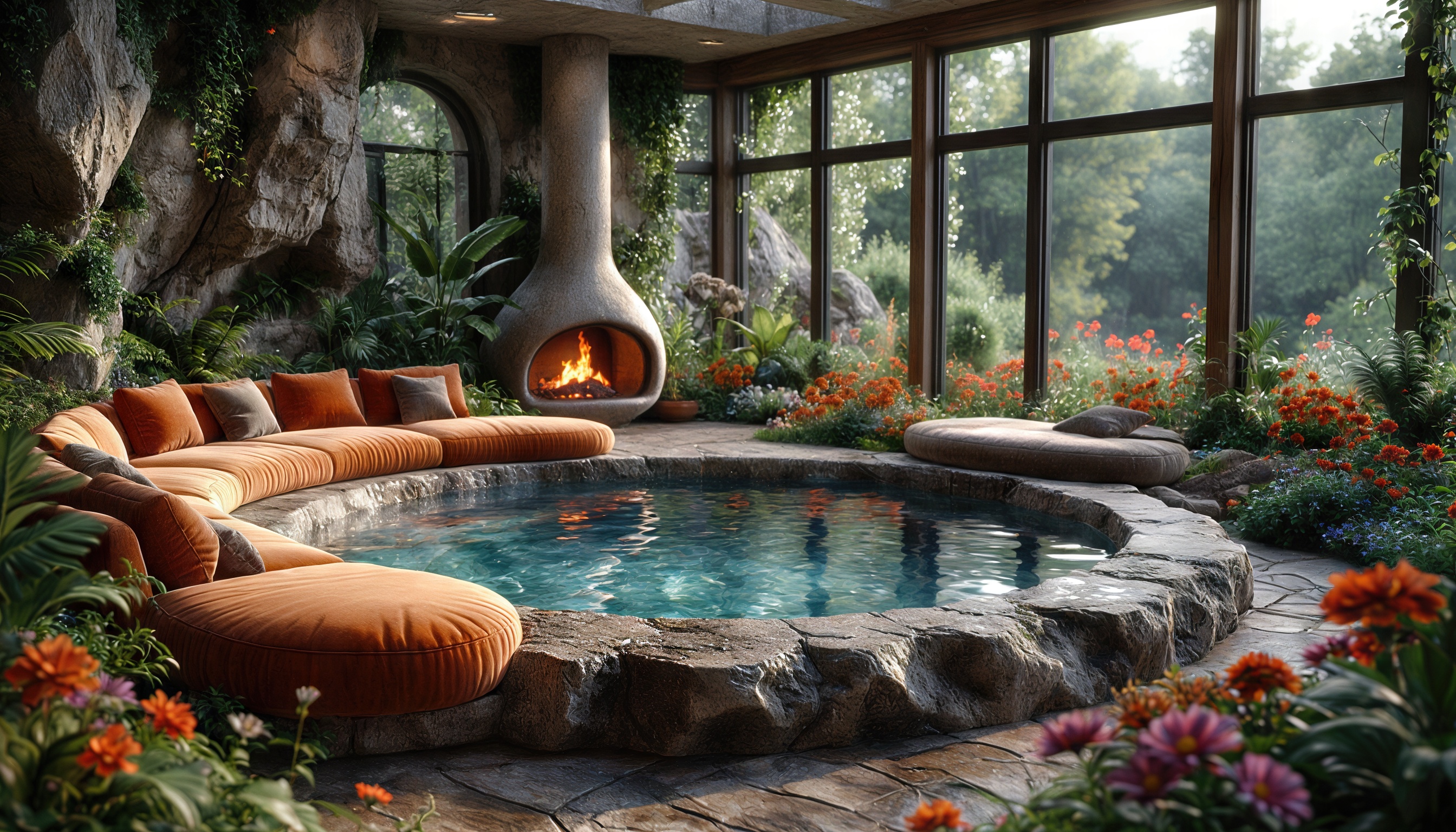 Интерьер с большими окнами, камином, диваном у бассейна.