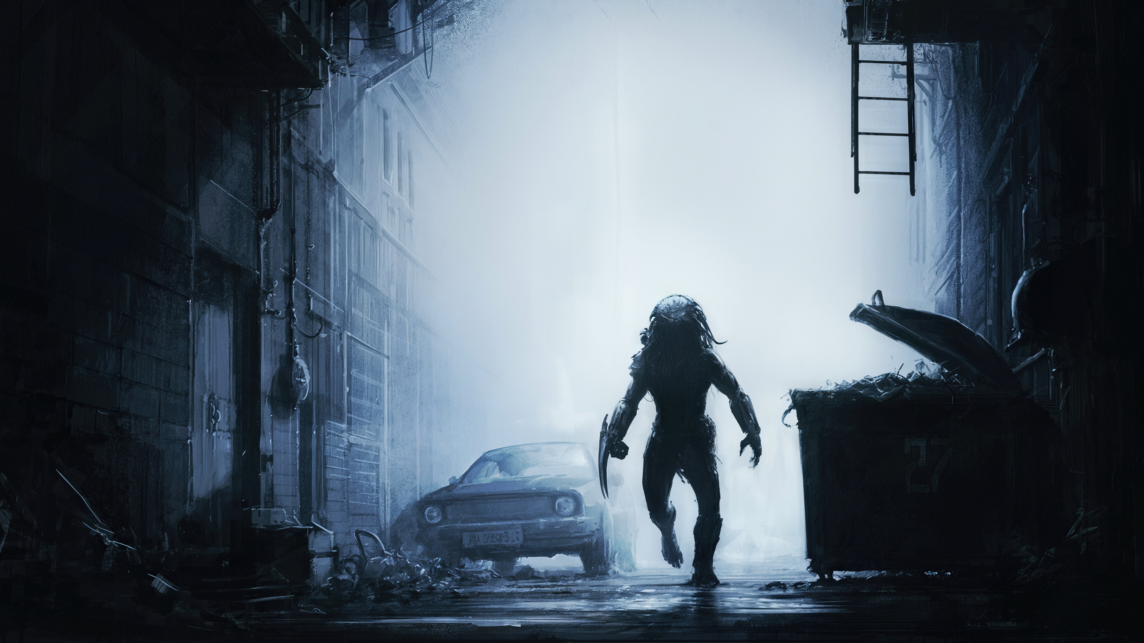 Бесплатное фото Инопланетный монстр Хищник Predator с лезвиями на руке выслеживает жертву в темном урбанистическом тупике.