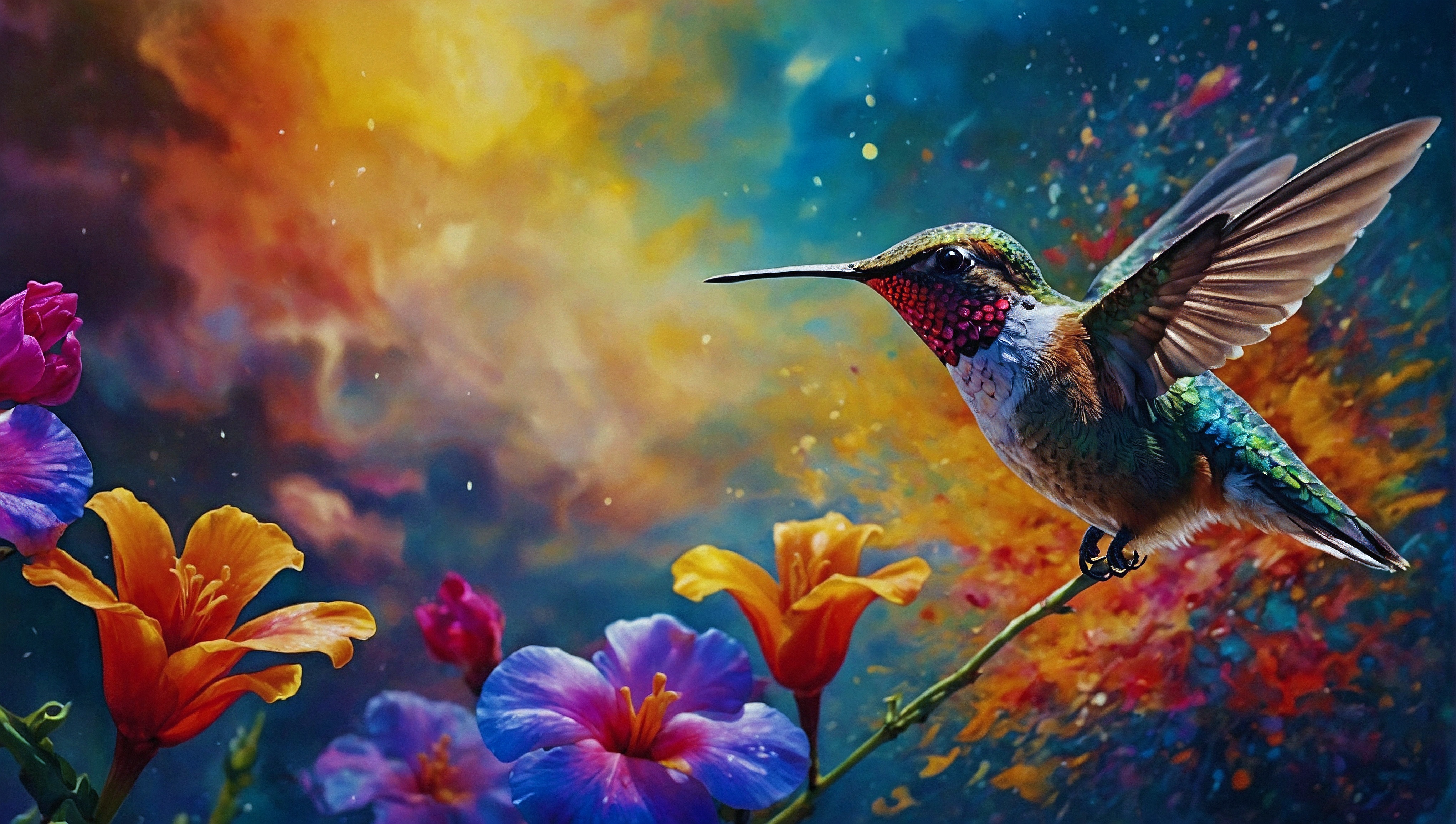 Painting of hummingbirds on colorful flower stems