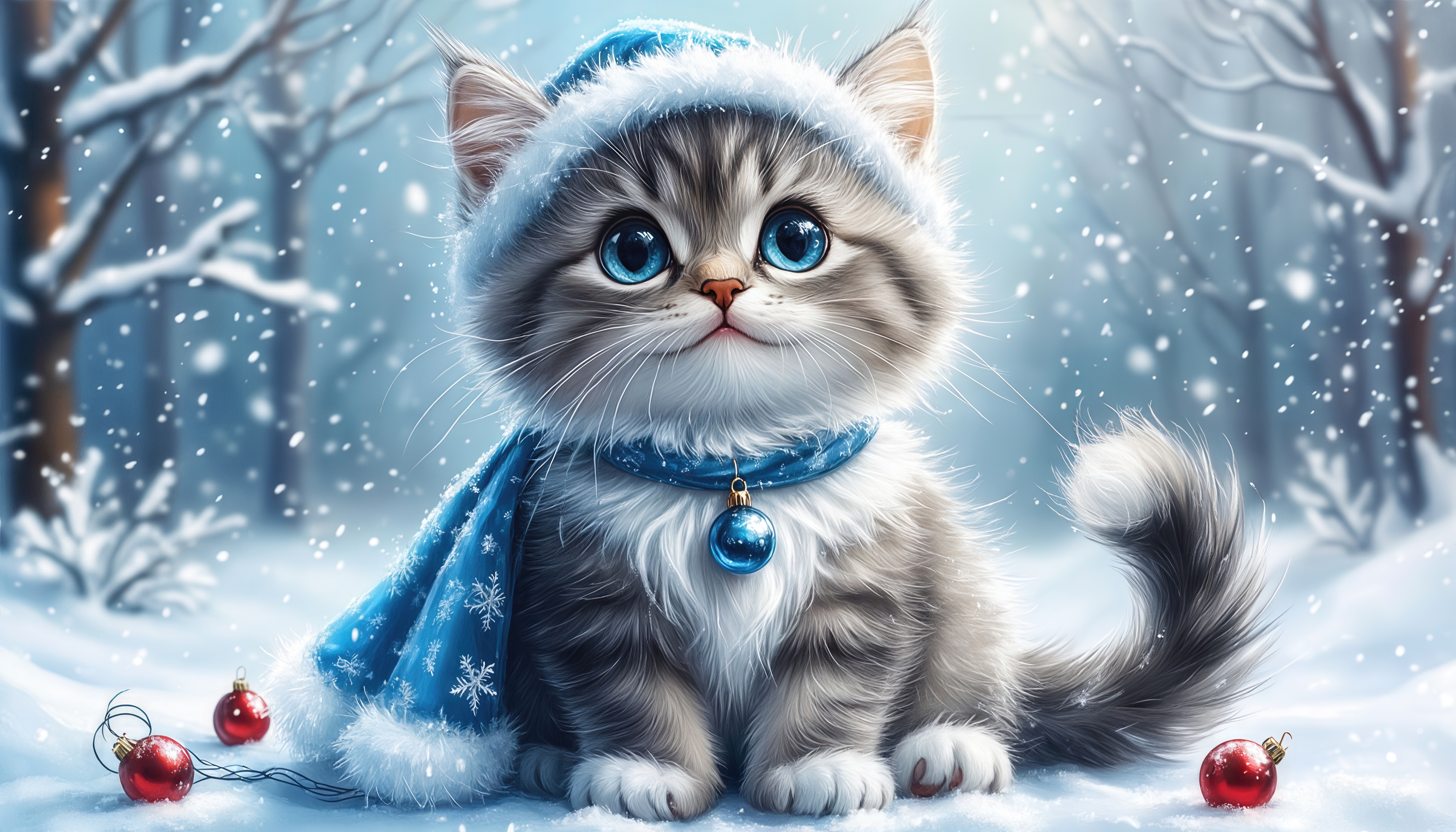 Пушистый кот в новогоднем наряде на заснеженной поляне.