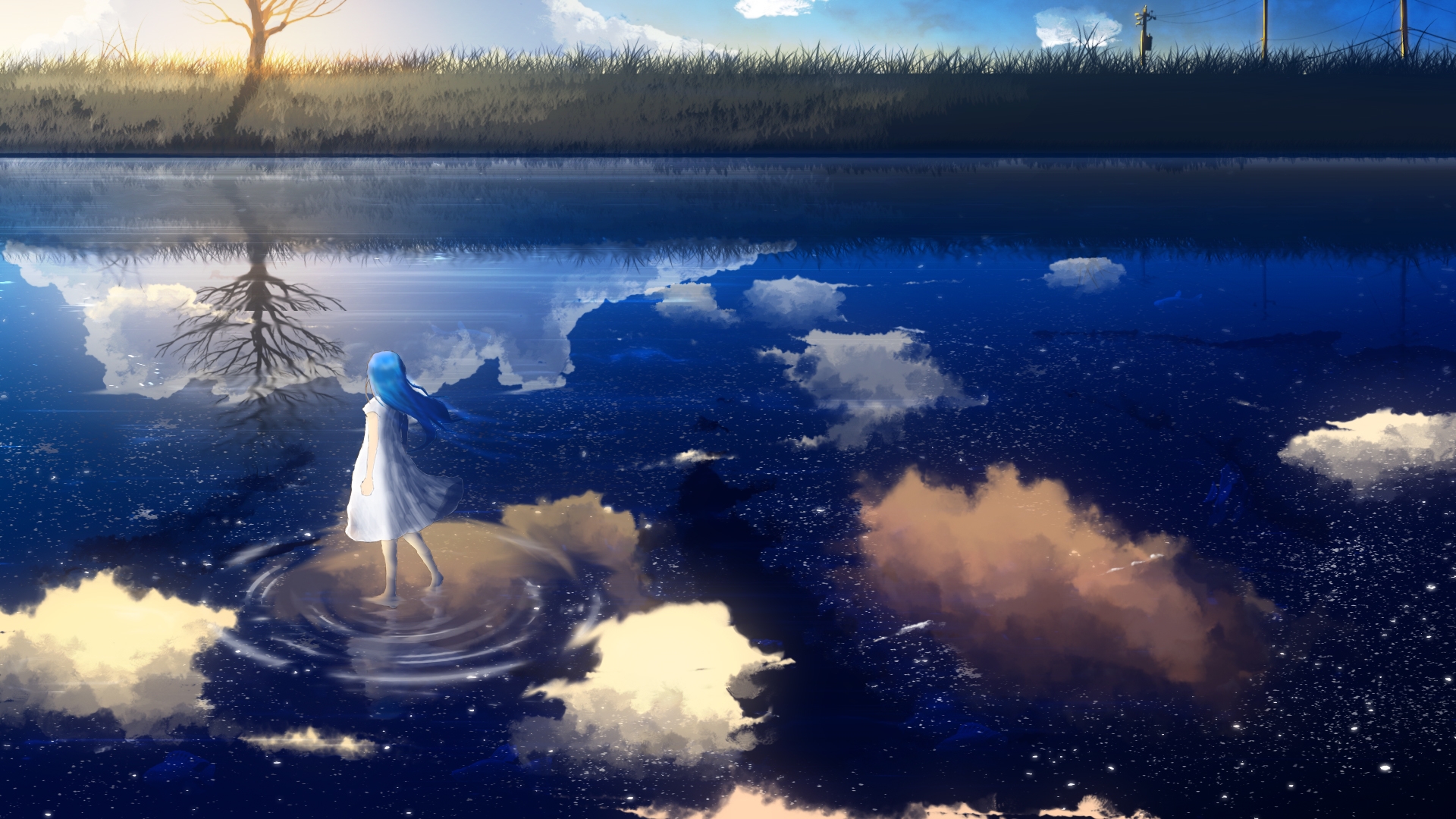 Wallpapers wallpaper anime girl walking on water reflection on the desktop
