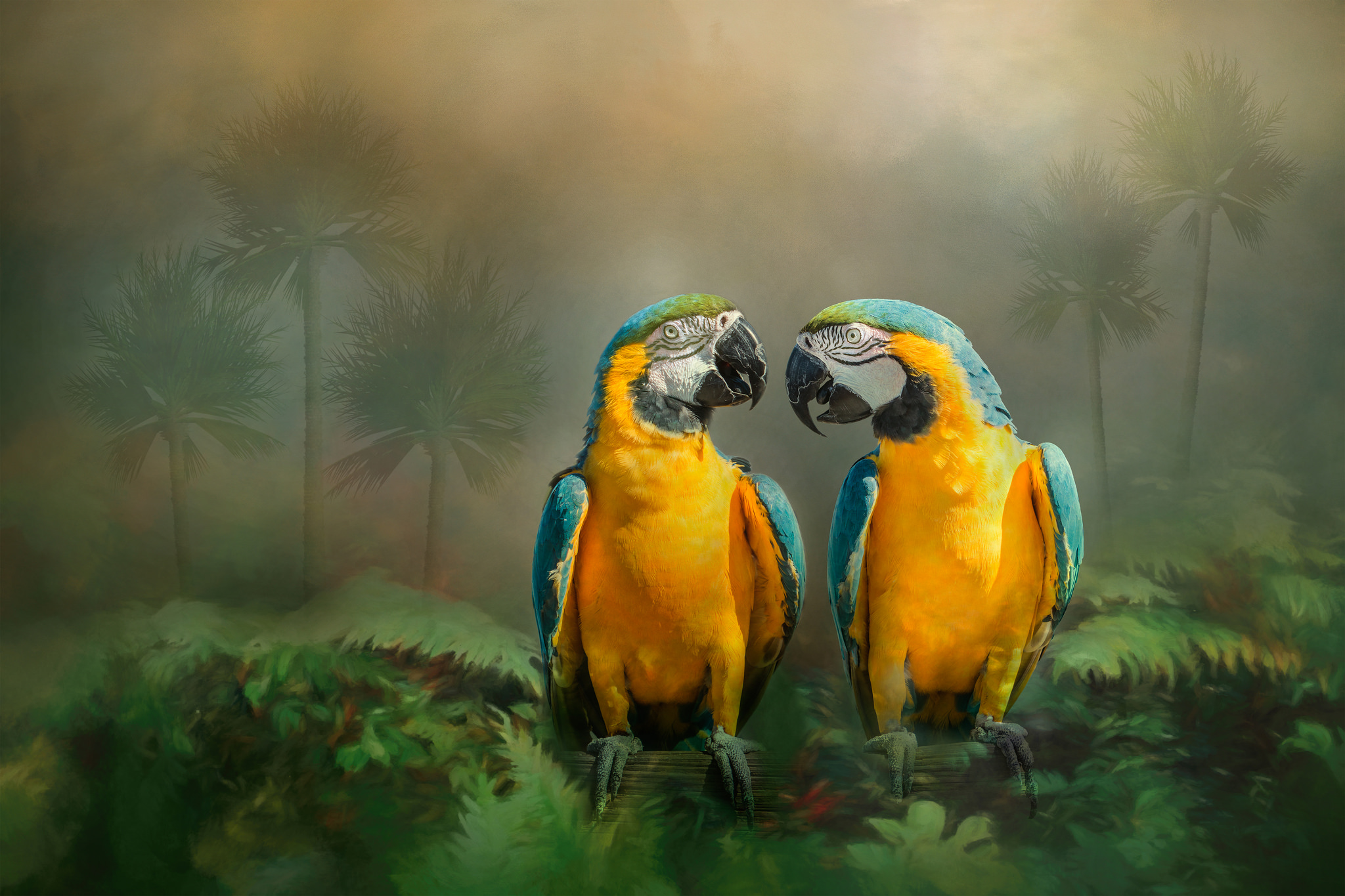 Обои Gold and Blue Macaw Pair Золотая и голубая пара ара попугай на рабочий стол