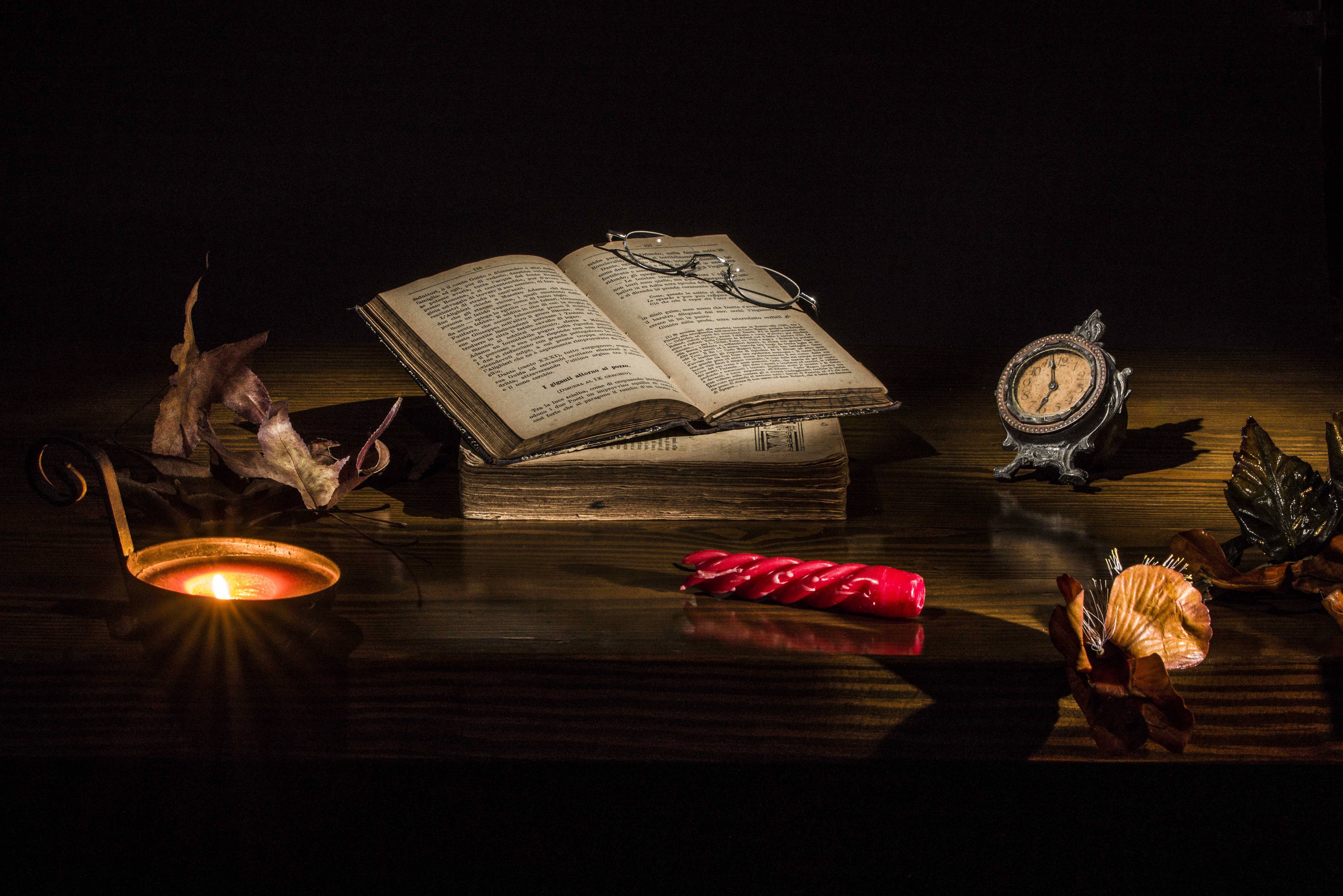 Wallpapers candle book glasses on the desktop