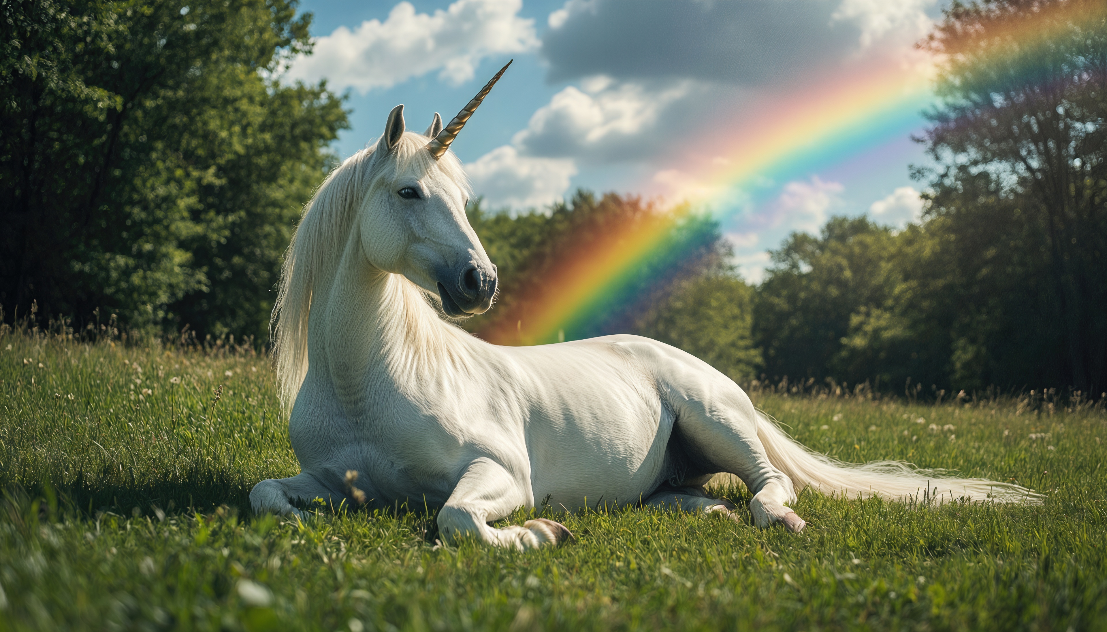 Мифический единорог в окружении природы: трава, деревья и радуга создают чарующую картину.