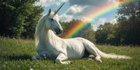 Мифический единорог в окружении природы: трава, деревья и радуга создают чарующую картину.