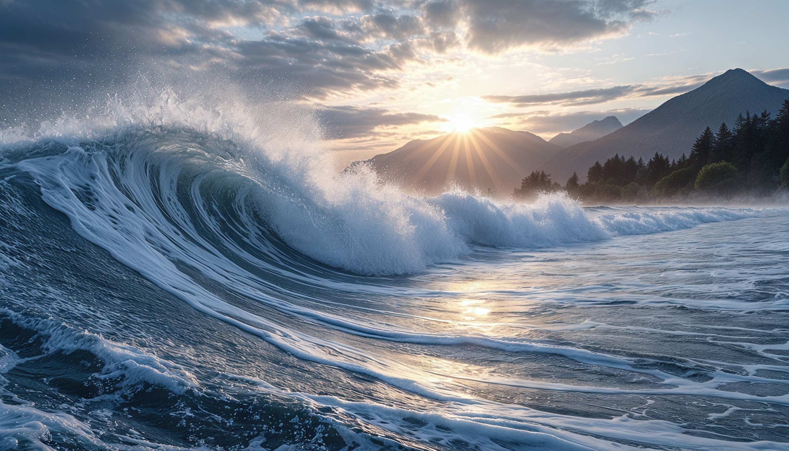 Бесплатное фото Морской пейзаж с волной, горами, лесом и солнечными лучами.