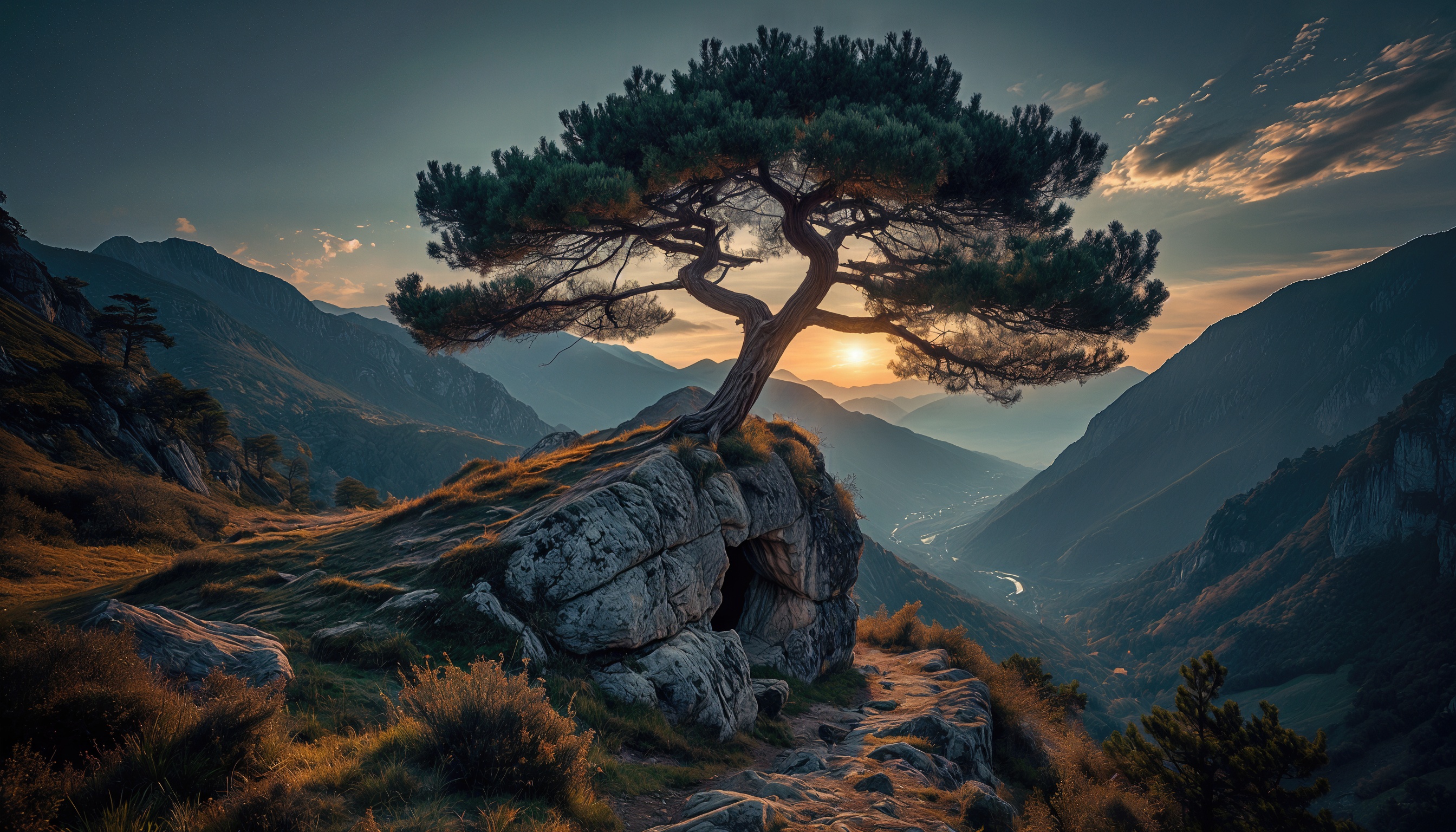 Бесплатное фото Скала с деревом и пещерой возвышается над долиной, окутанной золотым светом заката.