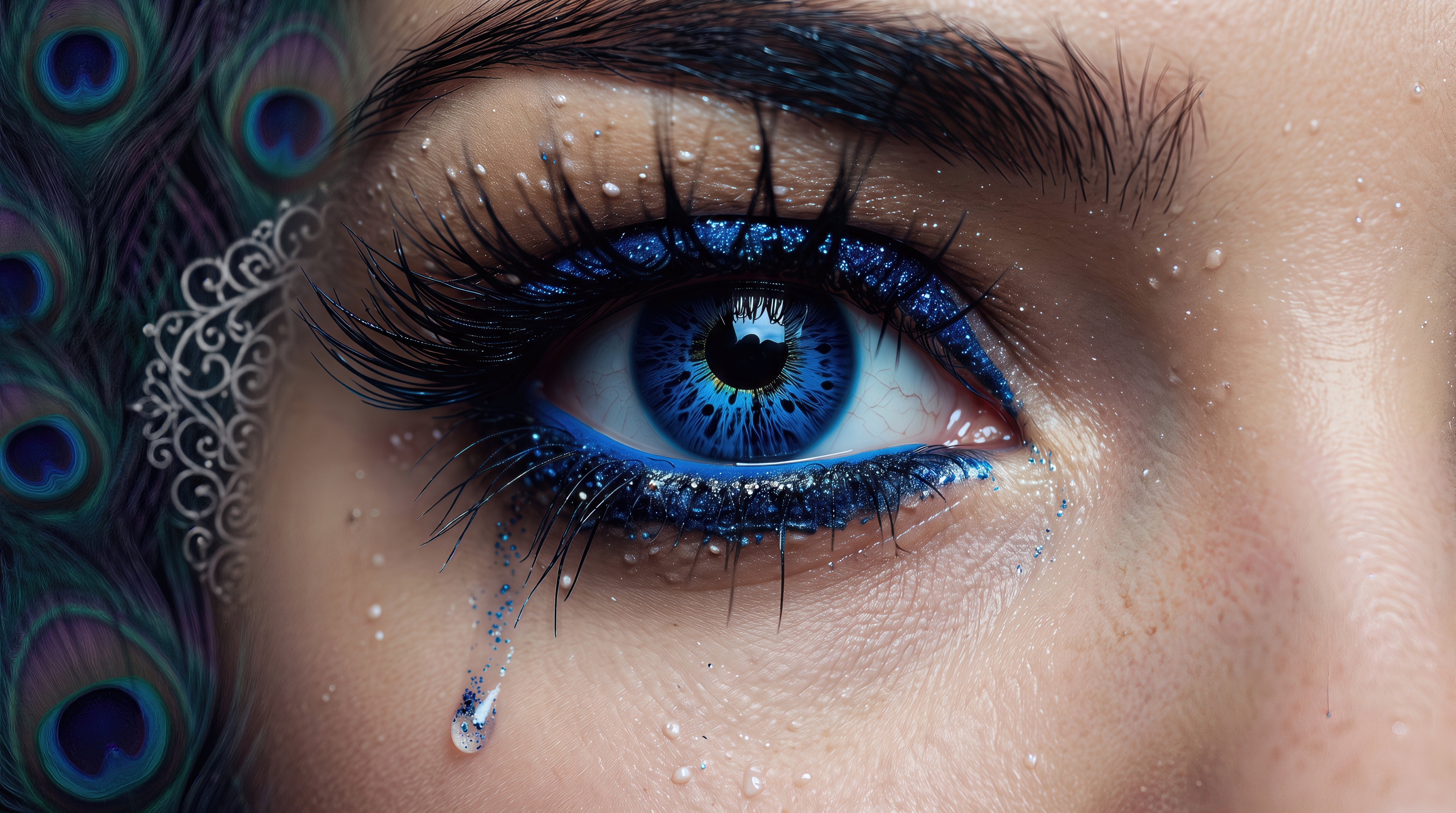 Free photo Stunning close-up of a woman`s eye with a bright blue iris, shiny makeup and a decorative sparkling tear.