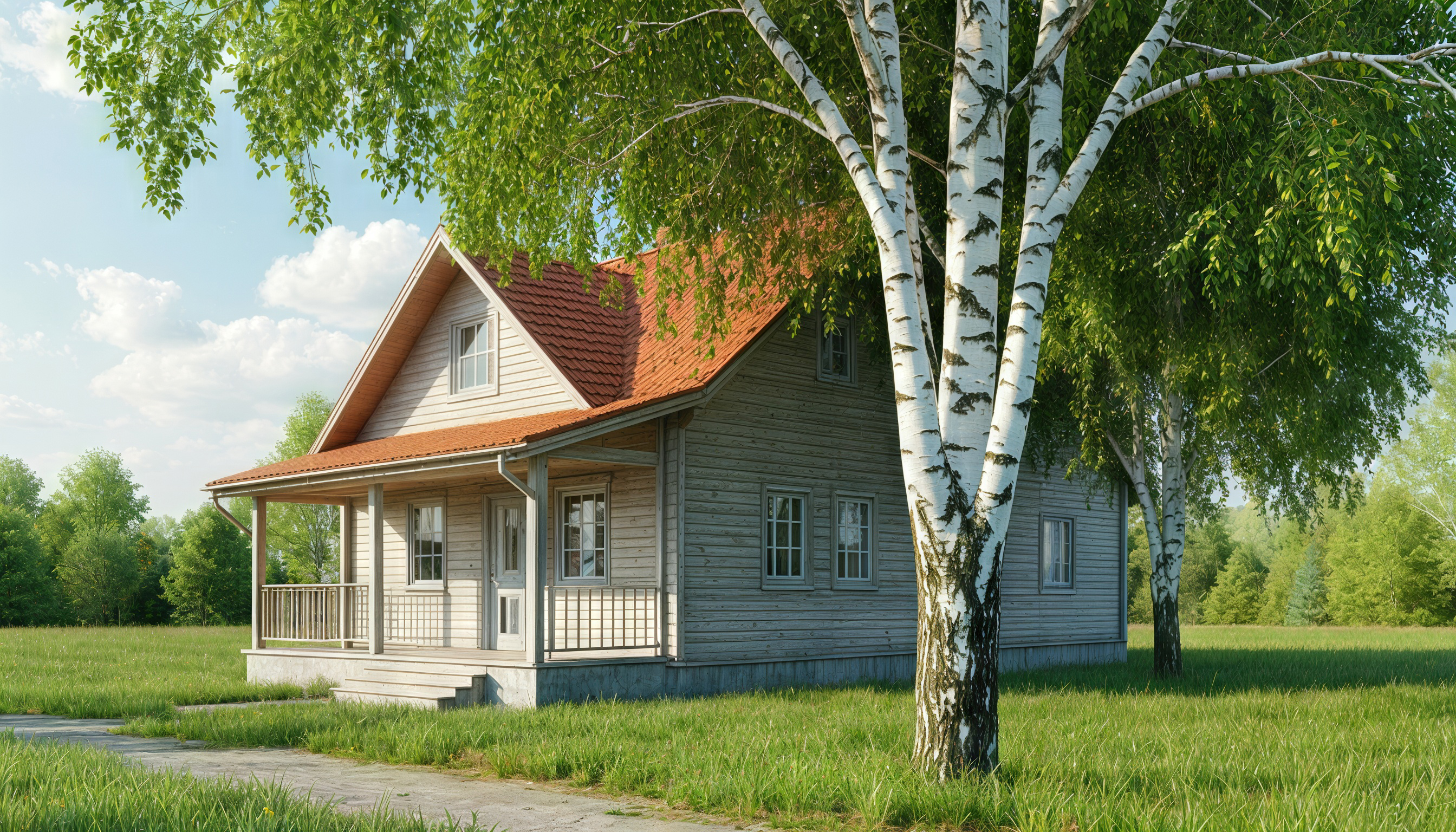Бесплатное фото Деревянный дом с красной крышей и верандой на фоне березы и зеленого поля.