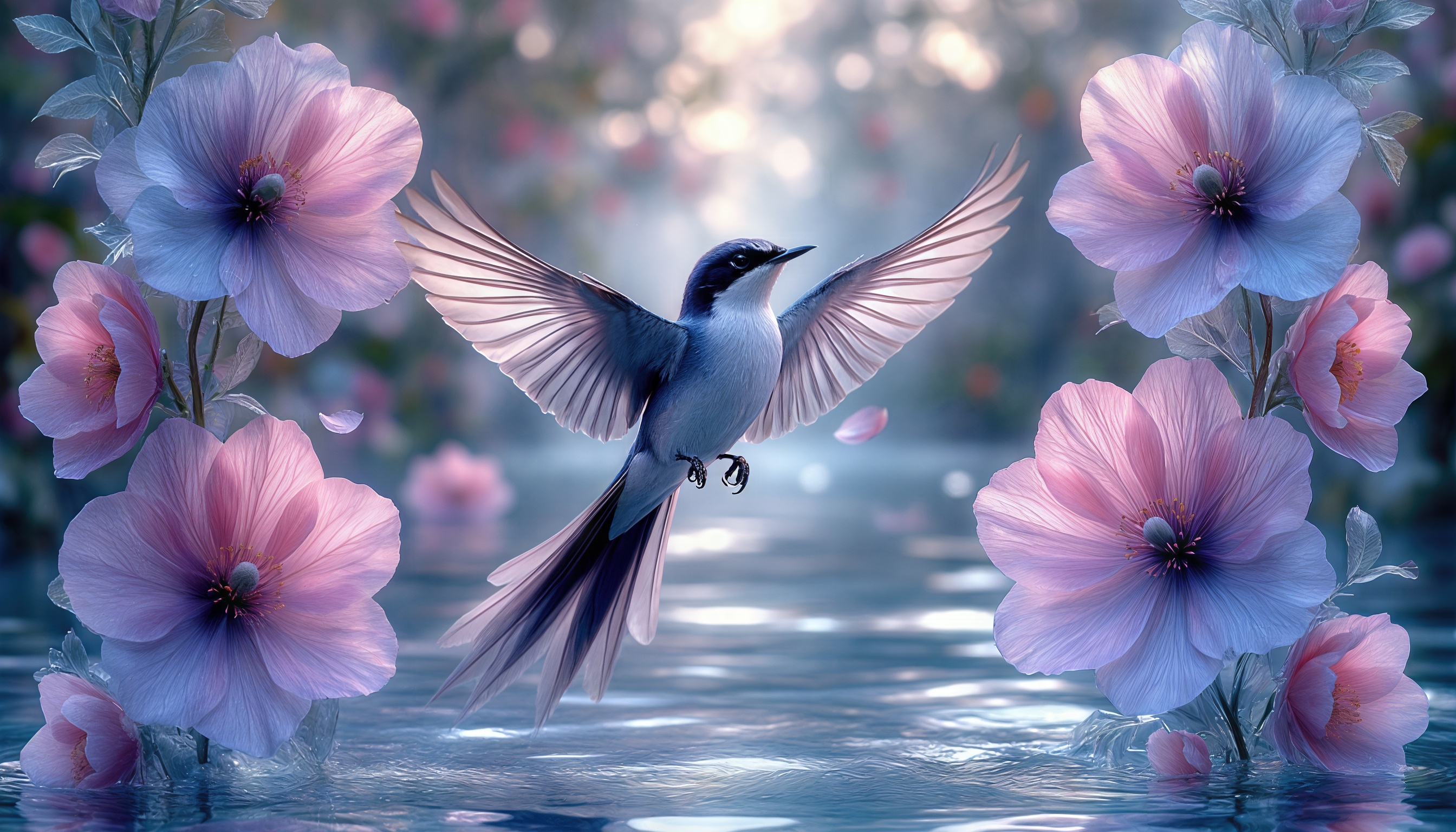 Ласточка парит над водой среди нежных розовых цветов, окутанная светом и весенней романтикой.
