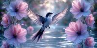 Ласточка парит над водой среди нежных розовых цветов, окутанная светом и весенней романтикой.