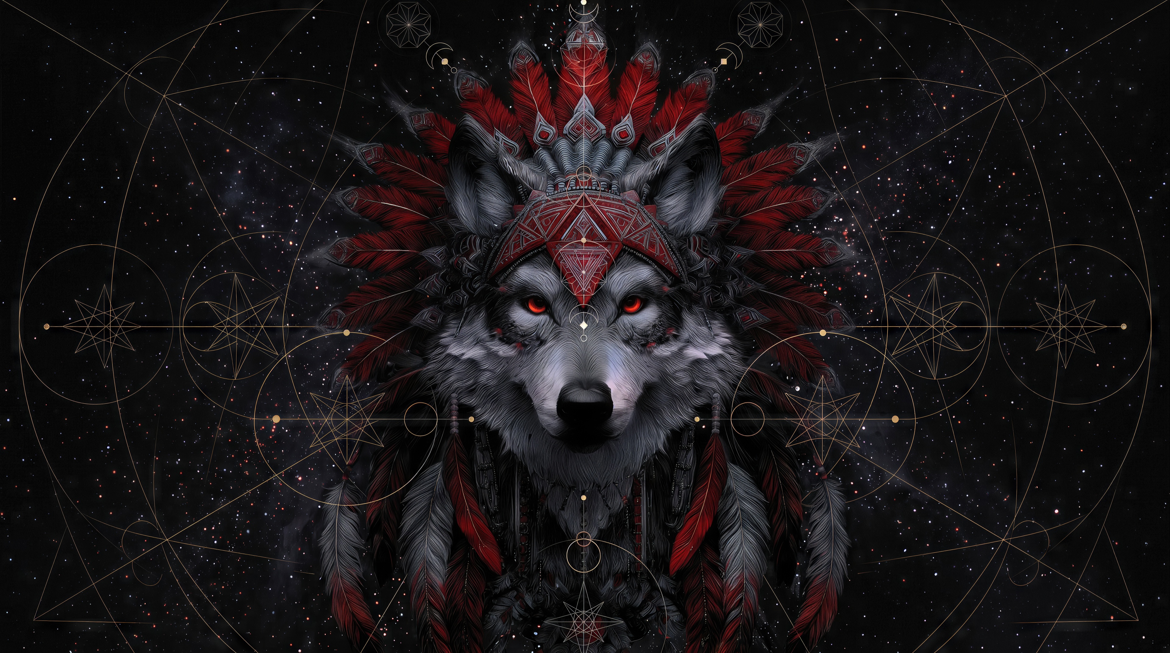 Free photo A mystical wolf in an Indian headdress made of feathers on the background of sacred geometry.