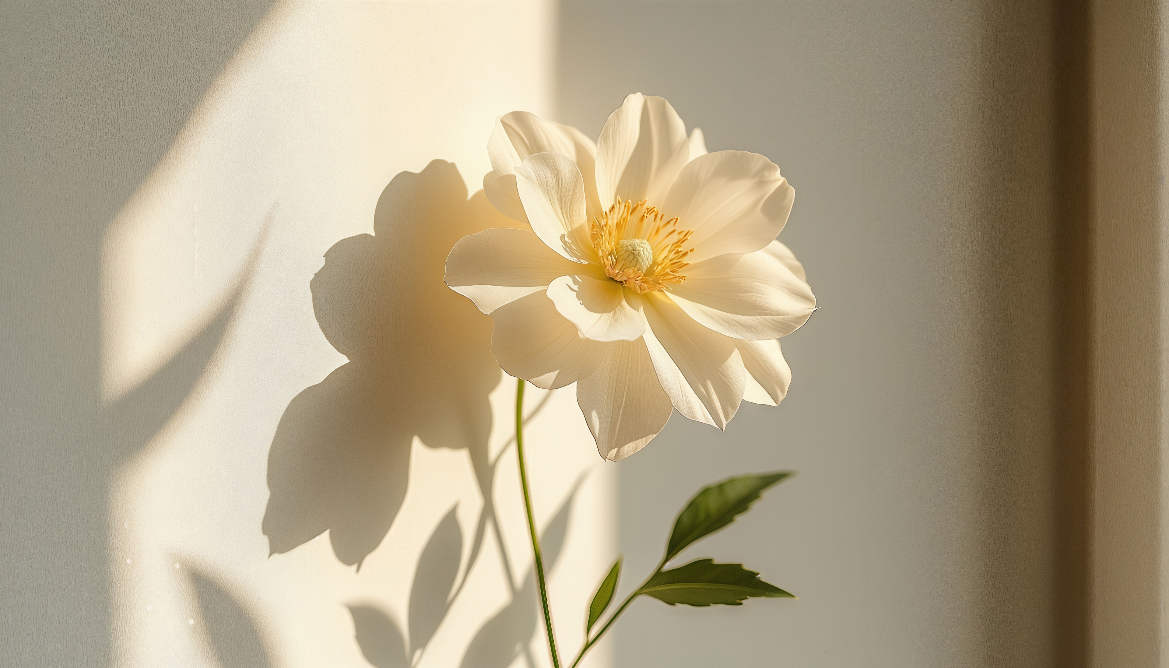Бесплатное фото Нежная белая анемона в лучах солнца, тень цветка украшает стену.