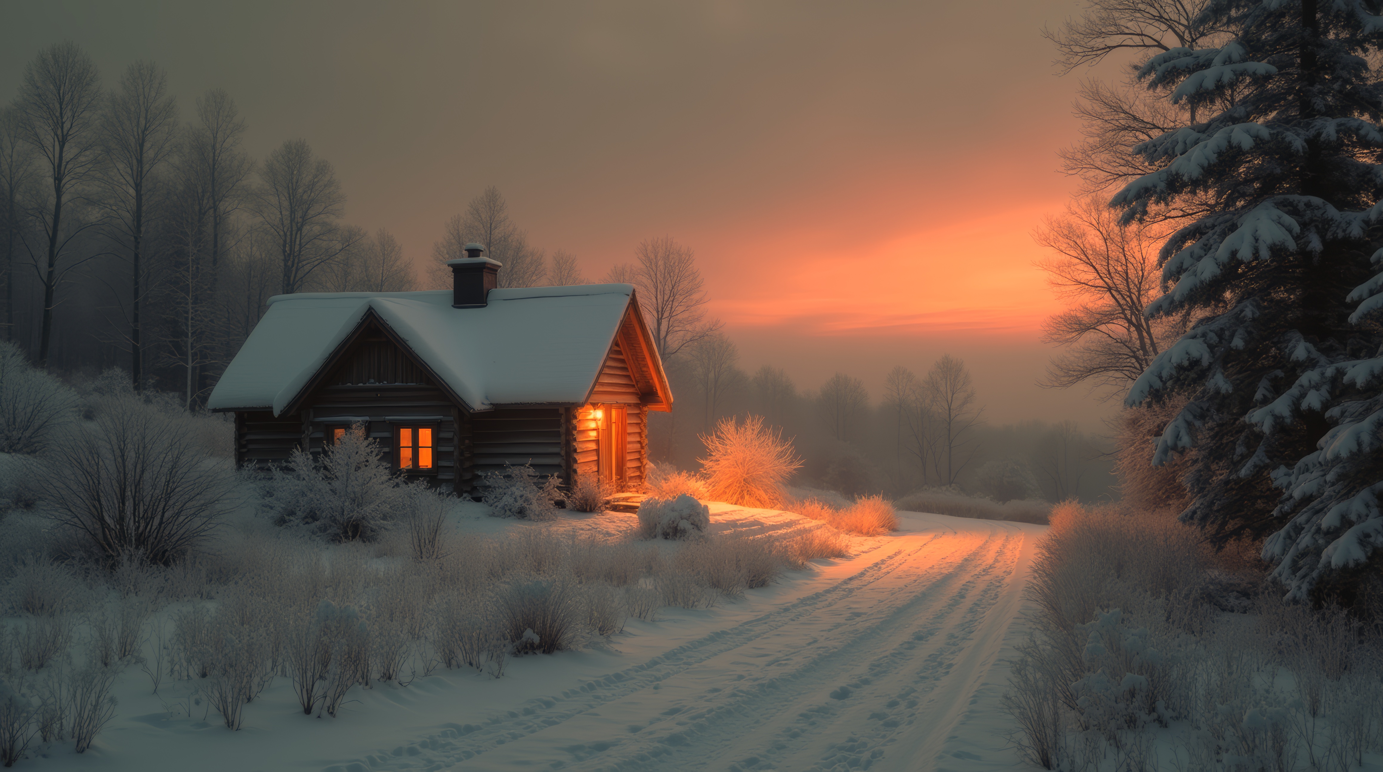 Бесплатное фото Бревенчатый дом стоит на заснеженной дороге.