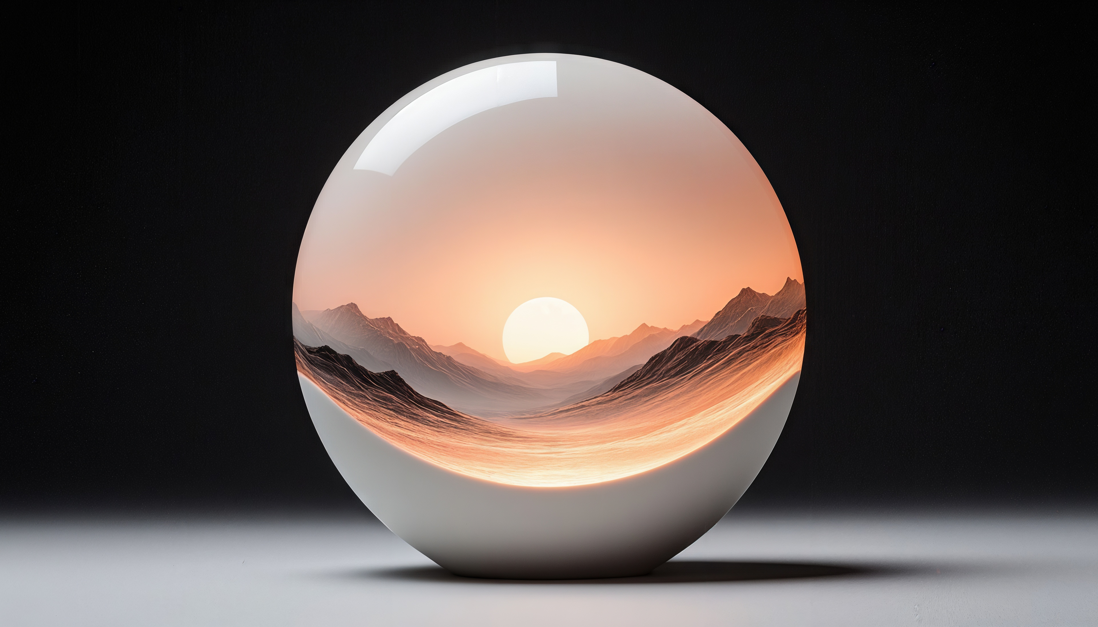Бесплатное фото Шар с закатом и горным пейзажем внутри - сюрреалистичная композиция.