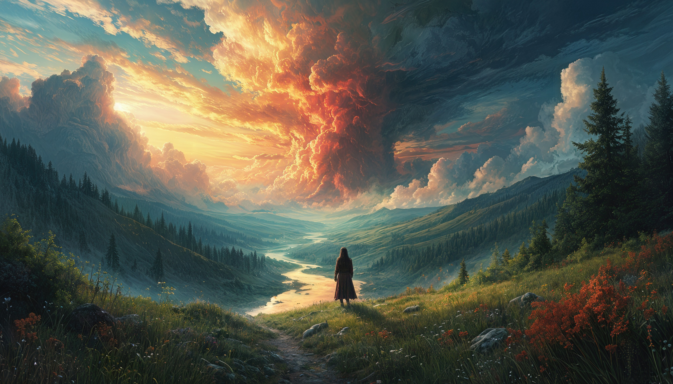 Бесплатное фото Женщина в созерцании перед великолепием закатного пейзажа.