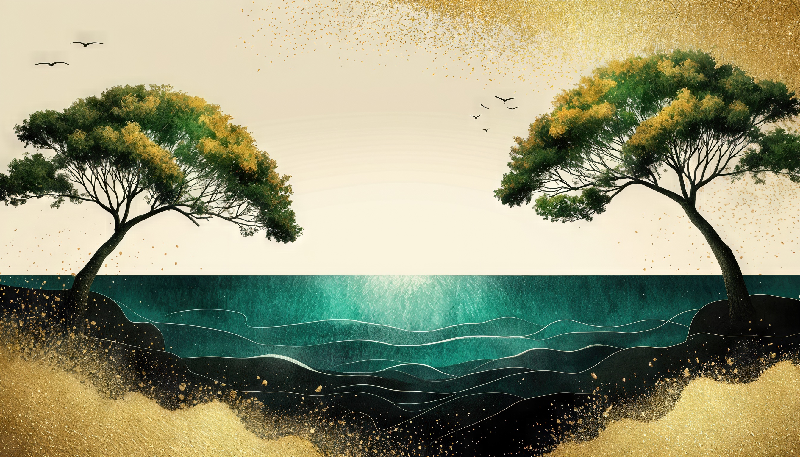 Два дерева с зелёно-жёлтой листвой обрамляют бирюзовое море, над водой парят птицы, берег окутан золотой дымкой.