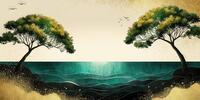 Два дерева с зелёно-жёлтой листвой обрамляют бирюзовое море, над водой парят птицы, берег окутан золотой дымкой.