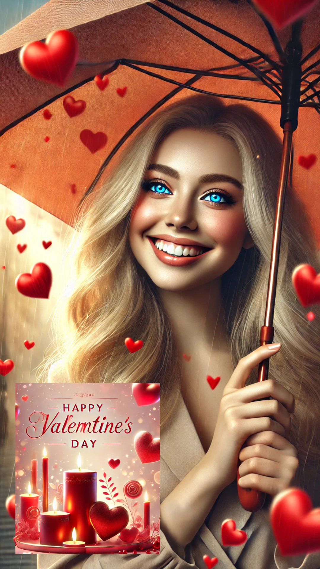 Бесплатная открытка Молодая голубоглазая девушка с зонтом под дождём влюблённых сердечек