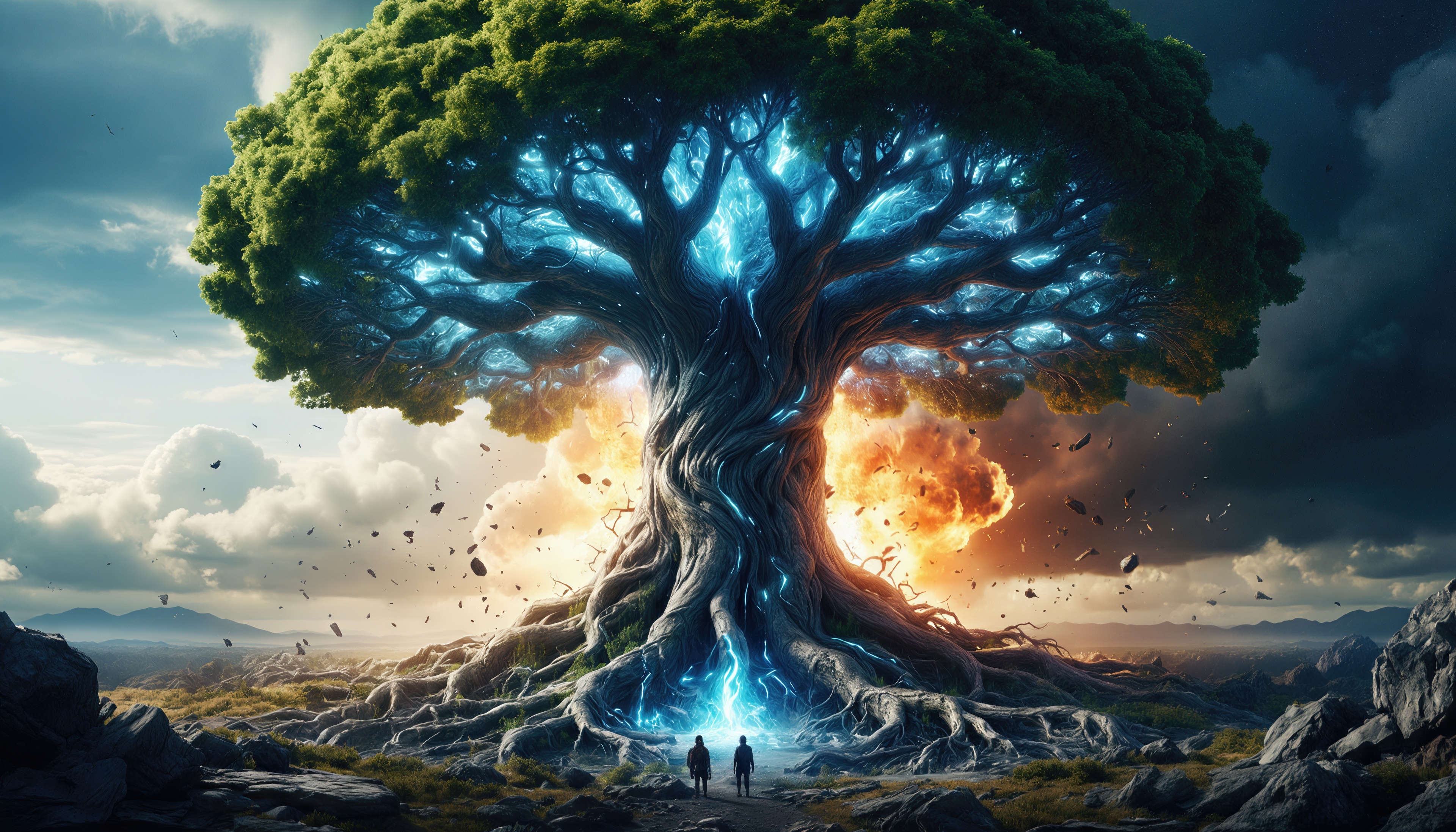 Бесплатное фото Эпическое древо жизни возвышается над скалами, окутано светом и тенью.