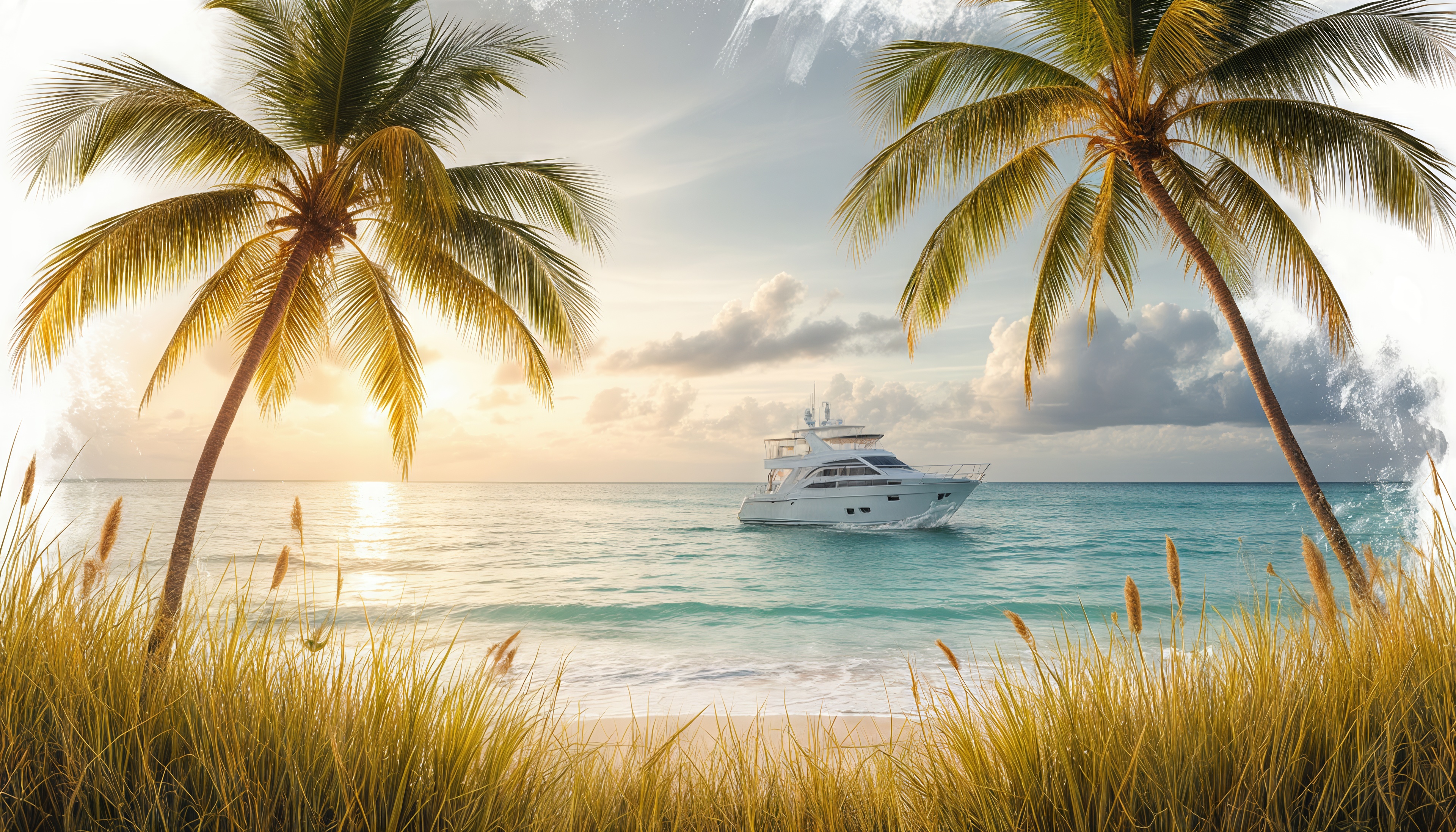 免费照片游艇在夕阳的天空下滑过蔚蓝的大海，棕榈树构成了景色的框架。